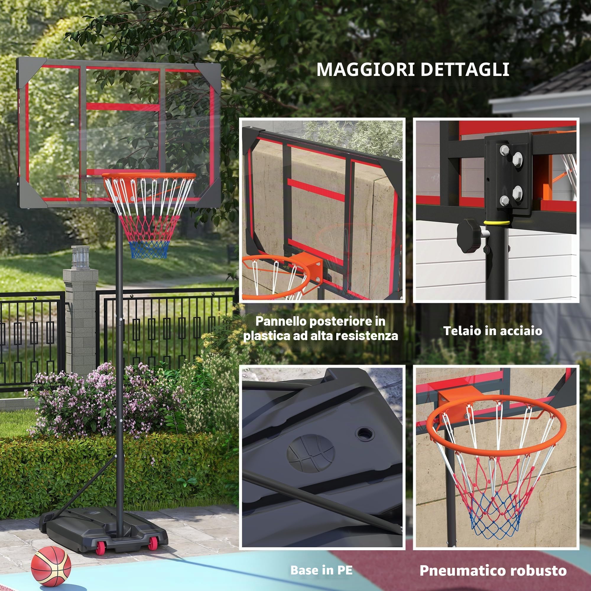 Canestro da esterno per bambini AIYAPLAY, supporto per pallacanestro regolabile in altezza da 210 a 260 cm con ruote, sistema di pallacanestro con supporto per bambini a partire dai 6 anni, rosso