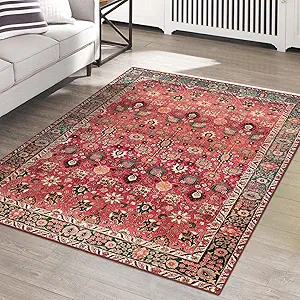 vivorug 8x10 Area Rugs for Living Room, Non-Slip Backing Washable Rug 8x10, Red Large Area Rug Soft Carpet for Bedroom Dining Room, Vintage, Easy Clean, Durable, Low Pile Rug Under Table