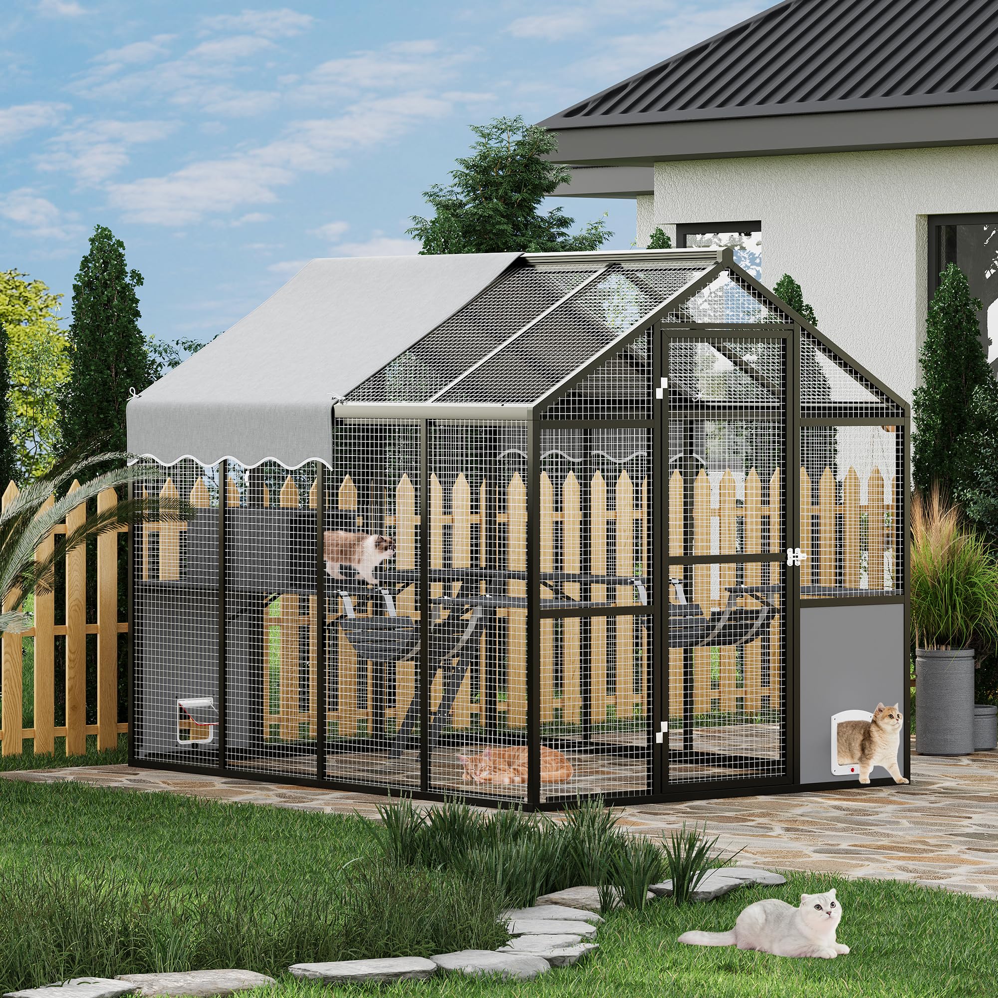 Large Outdoor Cat Enclosure for Multiple Cats - Weatherproof Catio with UV Cover, Platform & Side Door