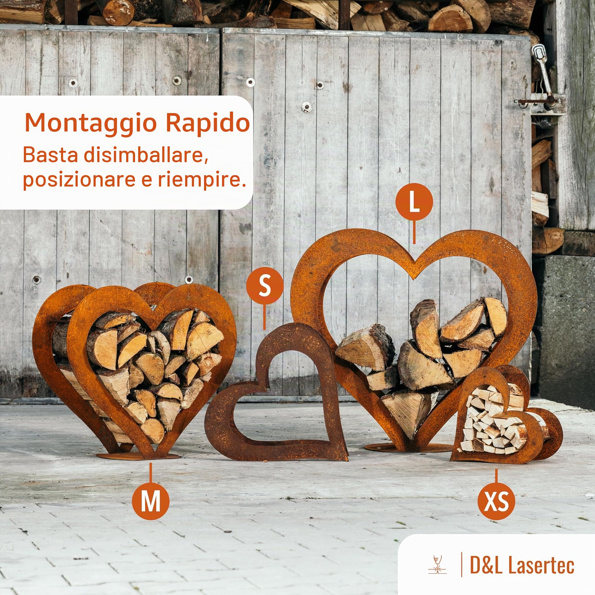 Cesto per legna da ardere, cuore in metallo, ruggine, in legno, decorazione M+XS