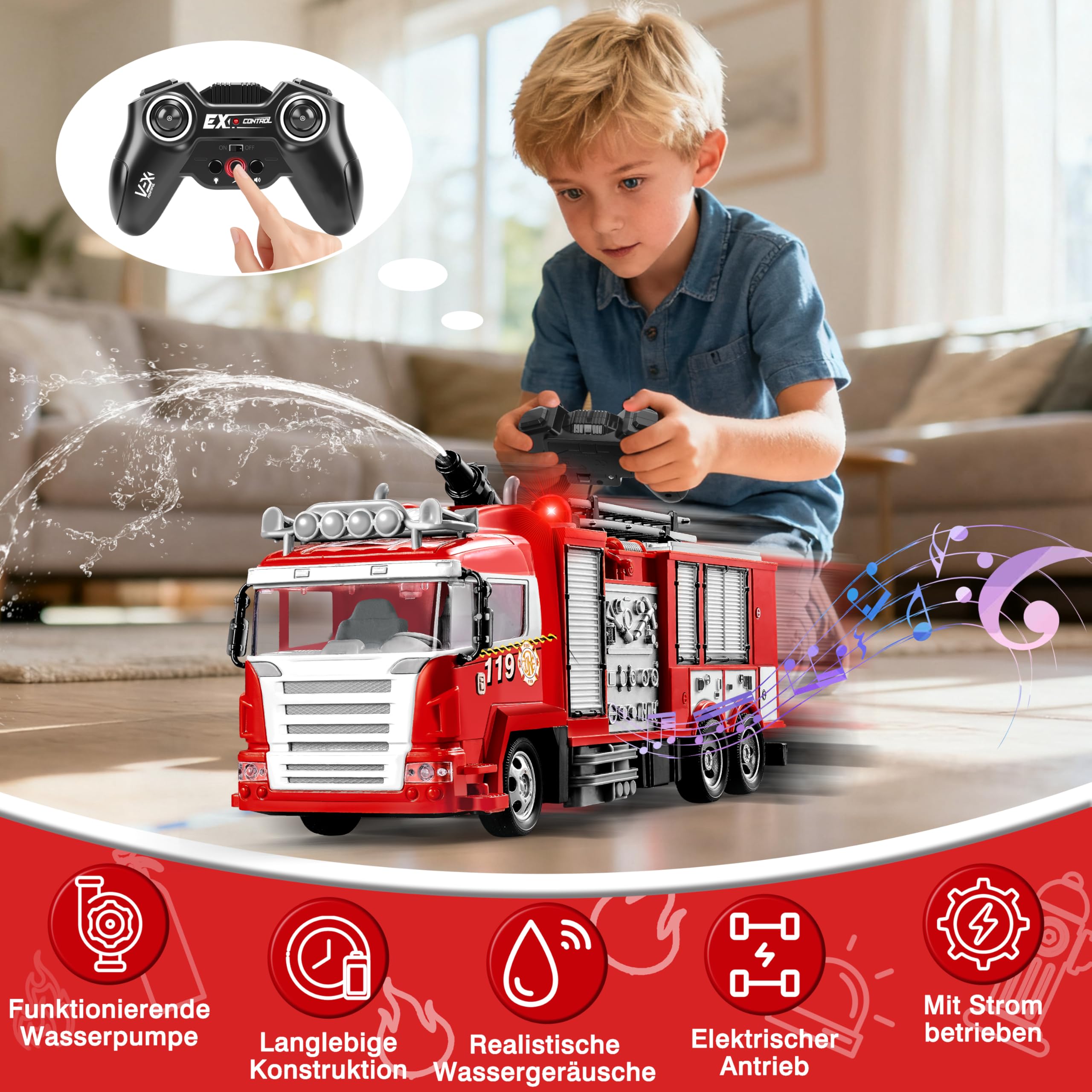 MOMOSTAR Feuerwehrauto Ferngesteuert, 1:18 Feuerwehr Auto mit Licht Sound Wasserspritz, Feuerwehrauto Spielzeug für Kinder ab 3 4 5 6 Jahre, Groß Feuerwehr Spielzeugauto Geschenk für Junge