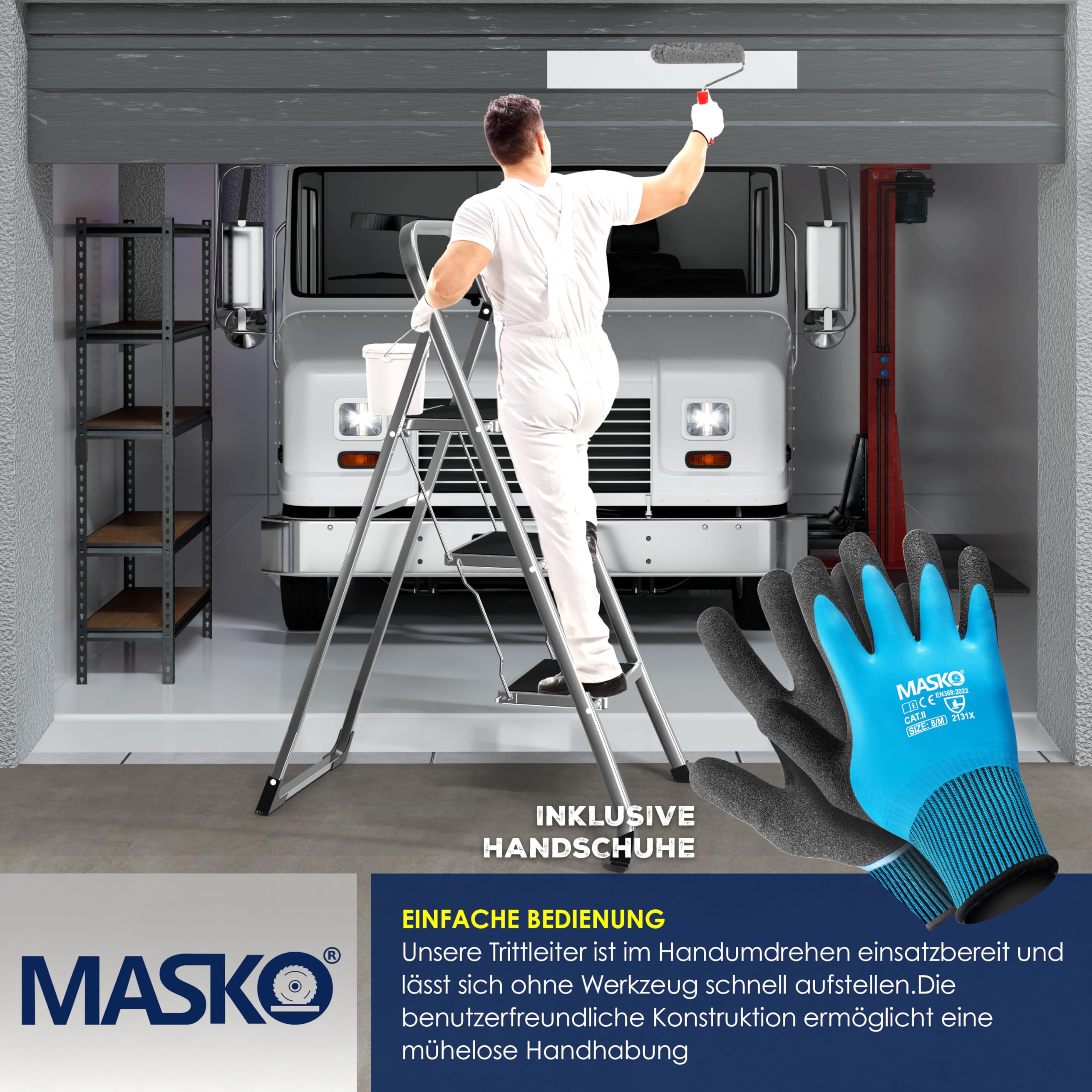 MASKO® Trapladder, vouwladder met 2 treden, belastbaar tot 150 kg, antislip, incl. handschoenen, gereedschapshouder en automatisch slot, grijs