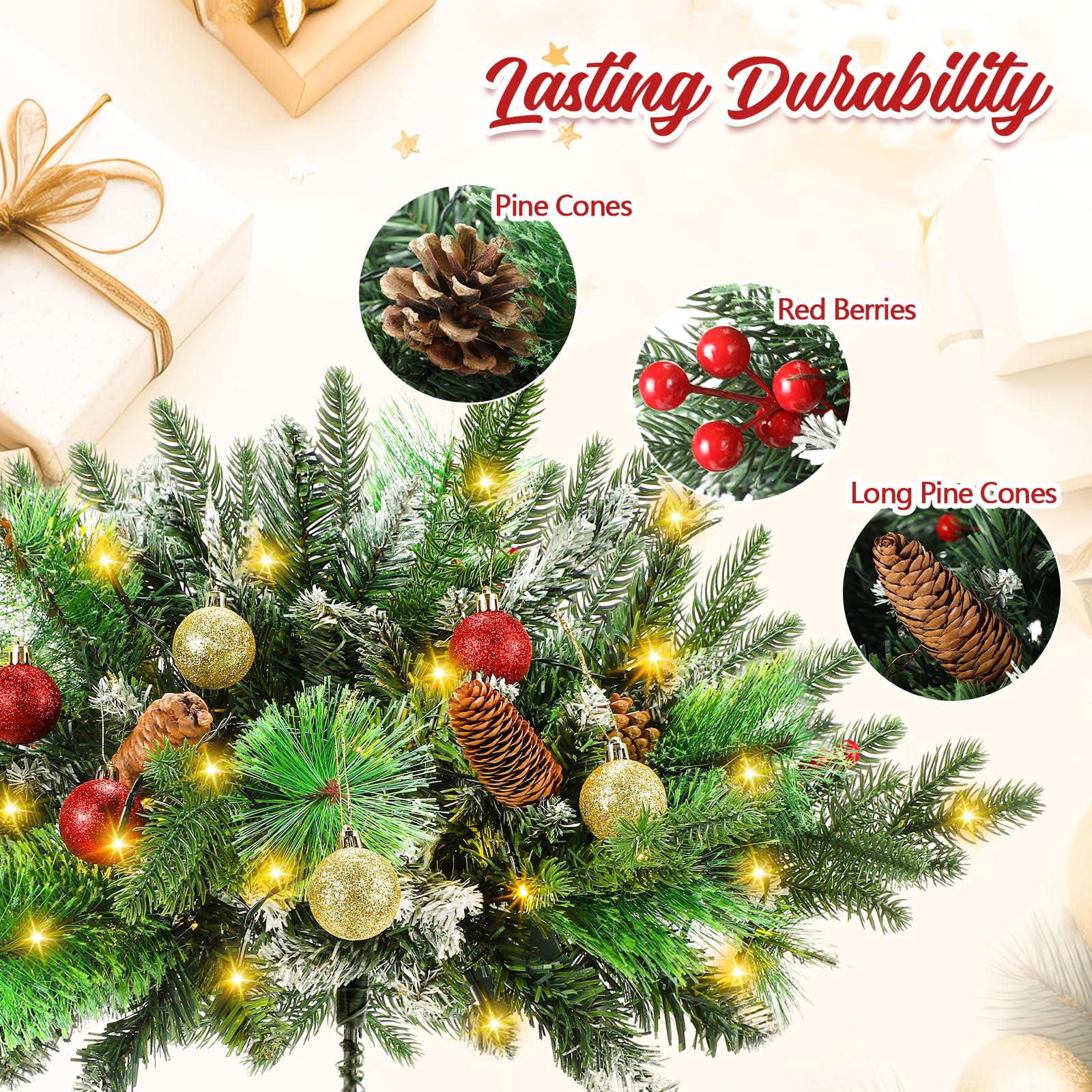Hollowfly Lot de 2 urnes de Noël artificielles éclairées de 63,5 cm avec cônes et baies rouges - Décoration de Noël avec 70 lumières LED - Trépied