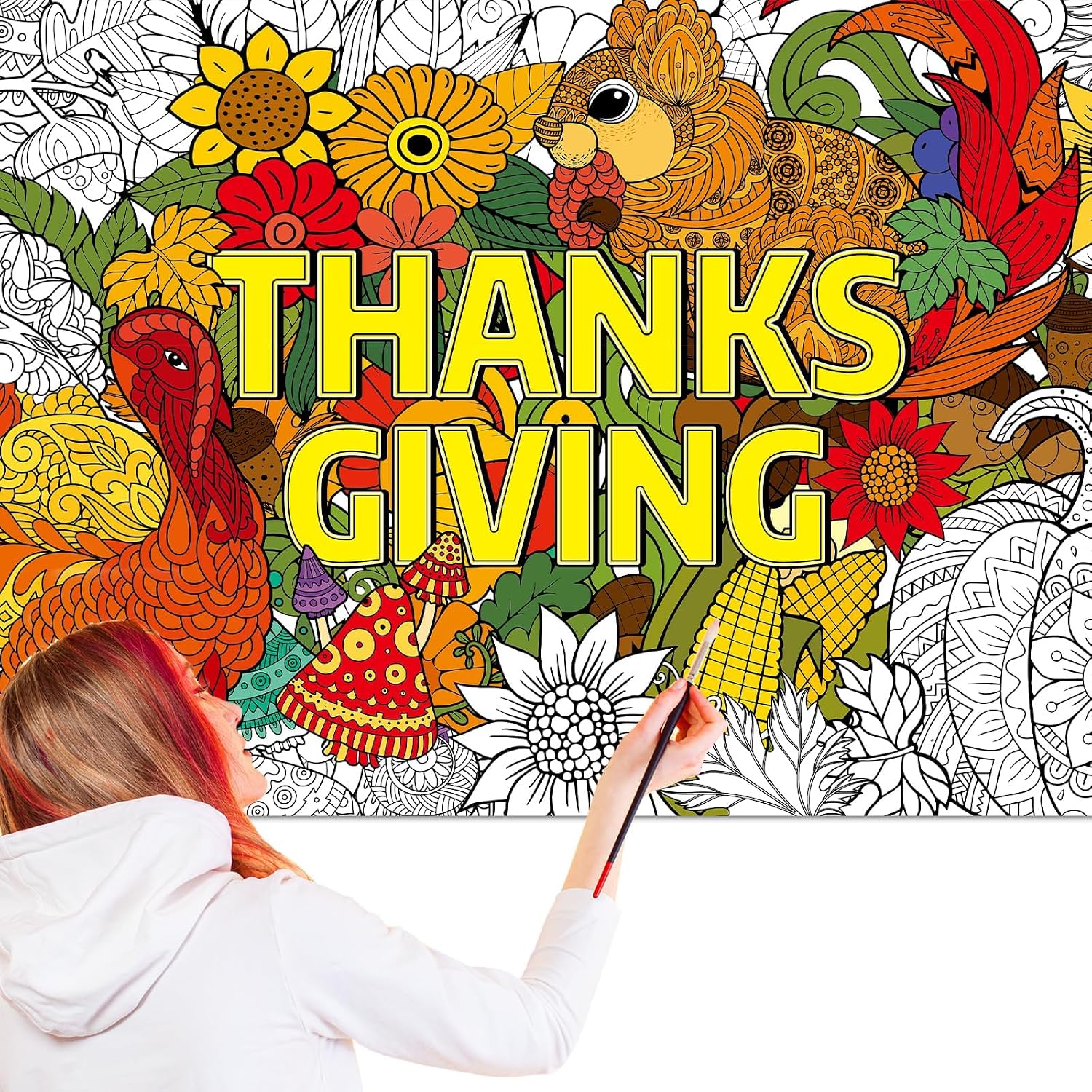 ZOIIWA Giant Thanksgiving Coloring Posters Thanksgiving Mandala Coloring Posters for Kids Adult Fall Coloring Tablecloth Autumn Harvest Coloring Poster for Home Wall Decor Activities Games Crafts