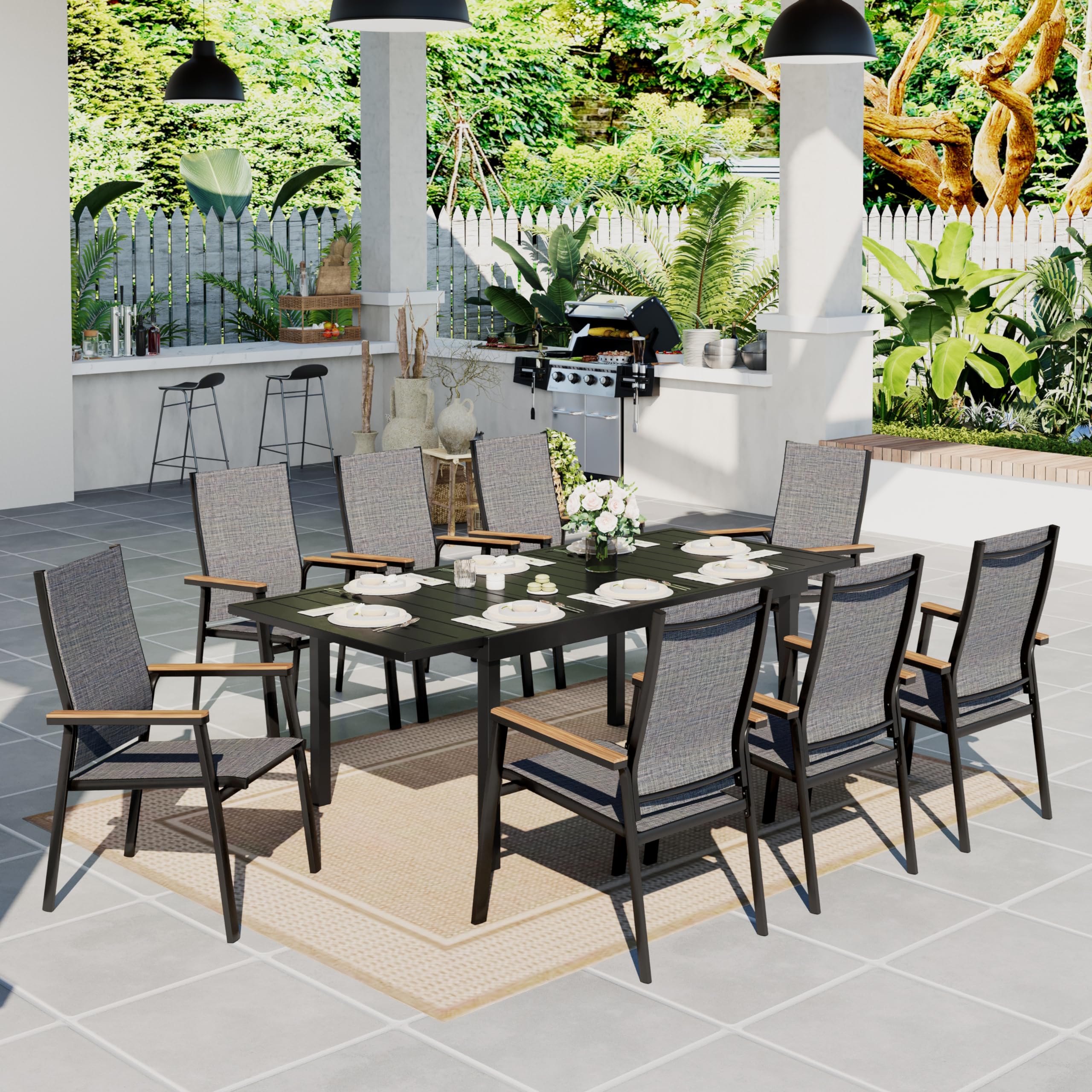 Sophia &amp; William Patio Dining Set 9 Pieces, 8 Aluminium Patio Dining Chairs with 1 Extendable Dining Table for 6-8 Person, Patio Table and Chairs for Outdoor Lawn (Grey)