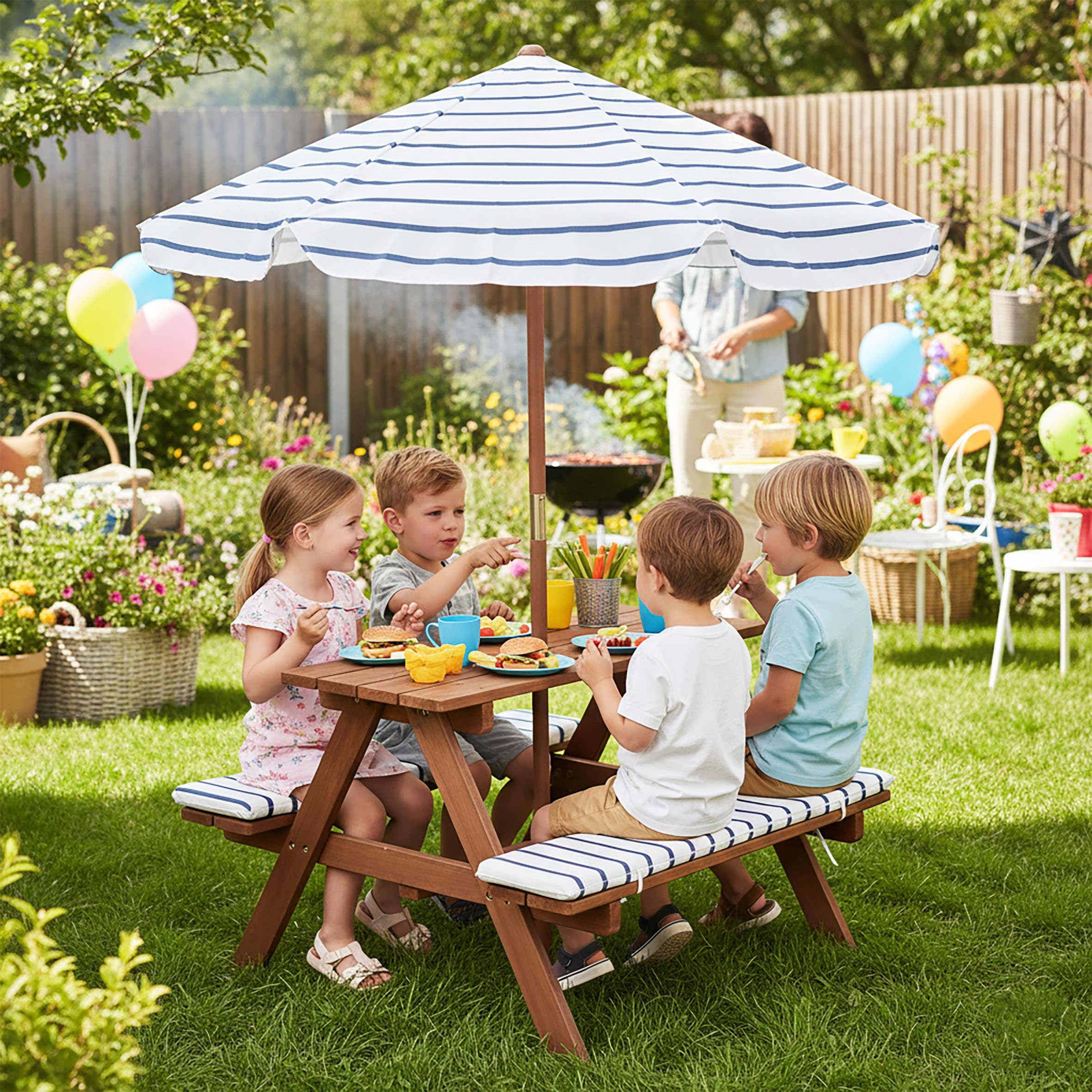 Spetebo Mesa de picnic de madera a partir de 2 años con sombrilla y acolchado, 75 x 75 cm, juego de sillas de jardín para niños, soporta hasta 80 kg, de madera, muebles de jardín para niños