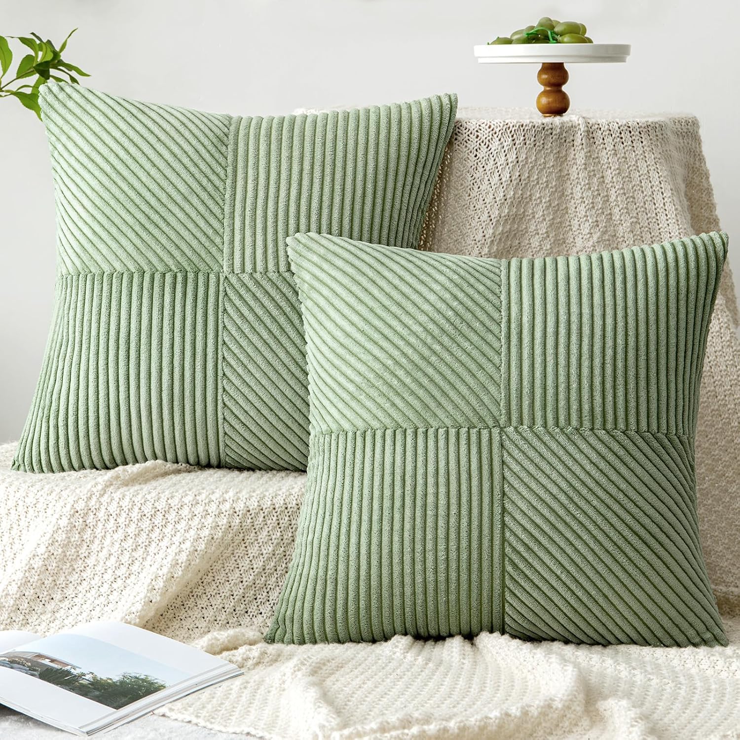 MIULEE Cushion Cover, 40 x 40 cm, Bean Green Corduroy, Set of 2 Cushion