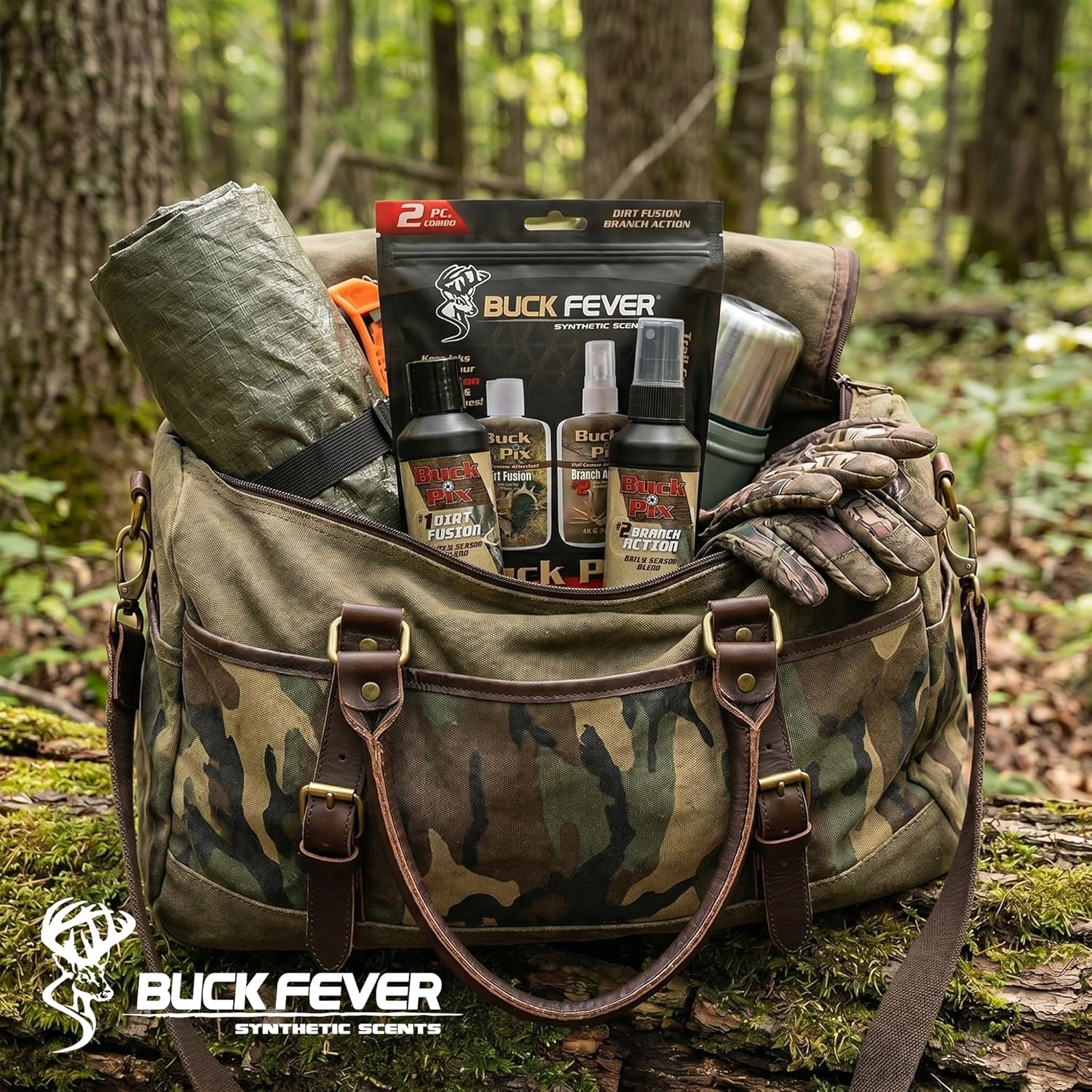 Buck Fever Buck Pix 2,3,4-Piece kit - Synthetic Deer Scent (4 oz Branch Action & 4 oz Dirt Fusion) for Whitetail & Mule - Non-Spoiling Deer Attractant for Outdoor Trail Camera