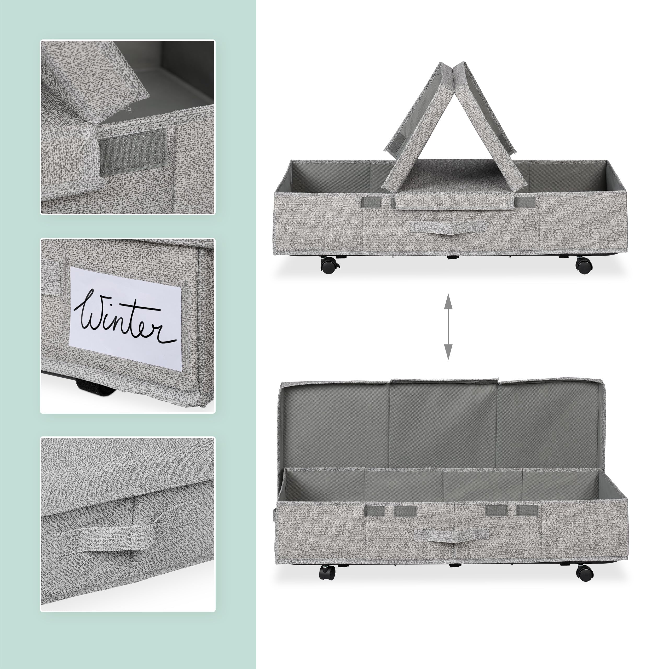 Relaxdays Cajas de Almacenaje Bajo la Cama, Pack de 2, 50 litros, con Ruedas, 20 x 80 x 40 cm, Plegables, con Tapa, Gris