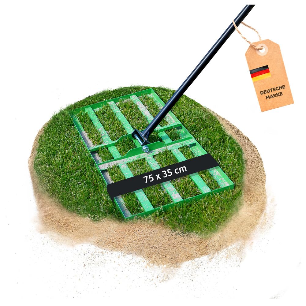 Dönges Rasenrakel 75x35 cm mit 2 Meter Stiel [für den perfekten Rasen] I Ideal zur Rasenpflege, Sandverteilung und Rasennivellierung I Leicht und handlich anwendbar zum Rasen rakeln und lawn leveling