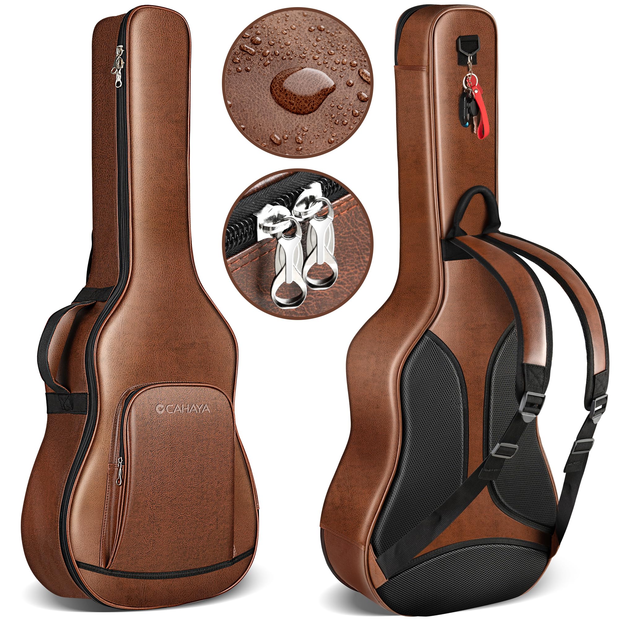 CAHAYA Custodia per Chitarra Acustica PU - Marrone Impermeabile con Imbottitura Traspirante 15 mm di Spessore - Doppia Cerniera