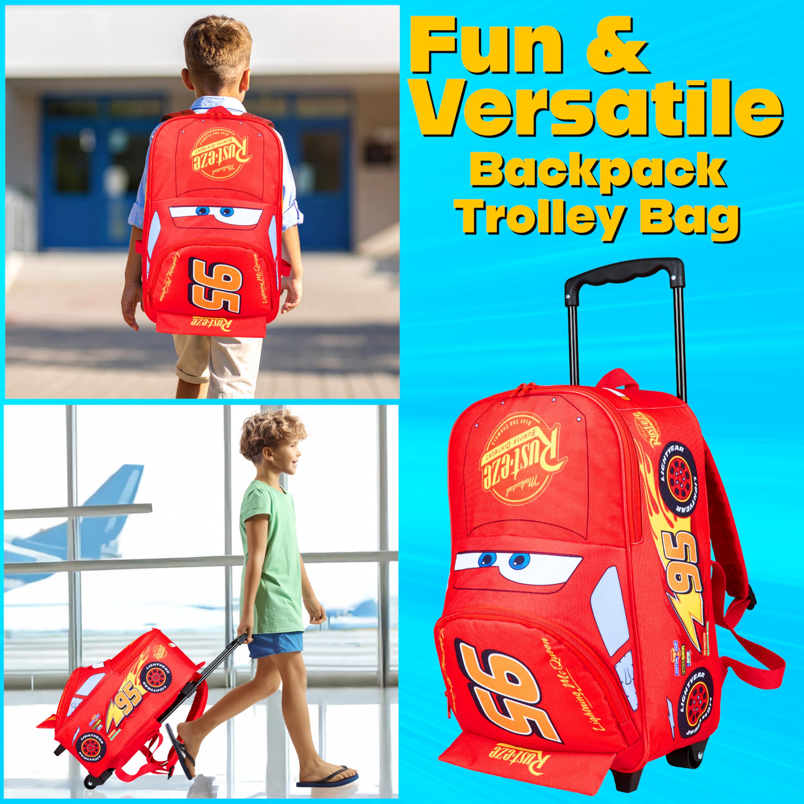 Disney Cars Flash Mcqueen Sac a Dos Roulette, 2 en 1 Sac à Dos et Trolley, Valise Cabine avec Fermeture Eclair, École, Sport ou Voyage, Cadeau Enfant (Rouge Lightning Mcqueen)