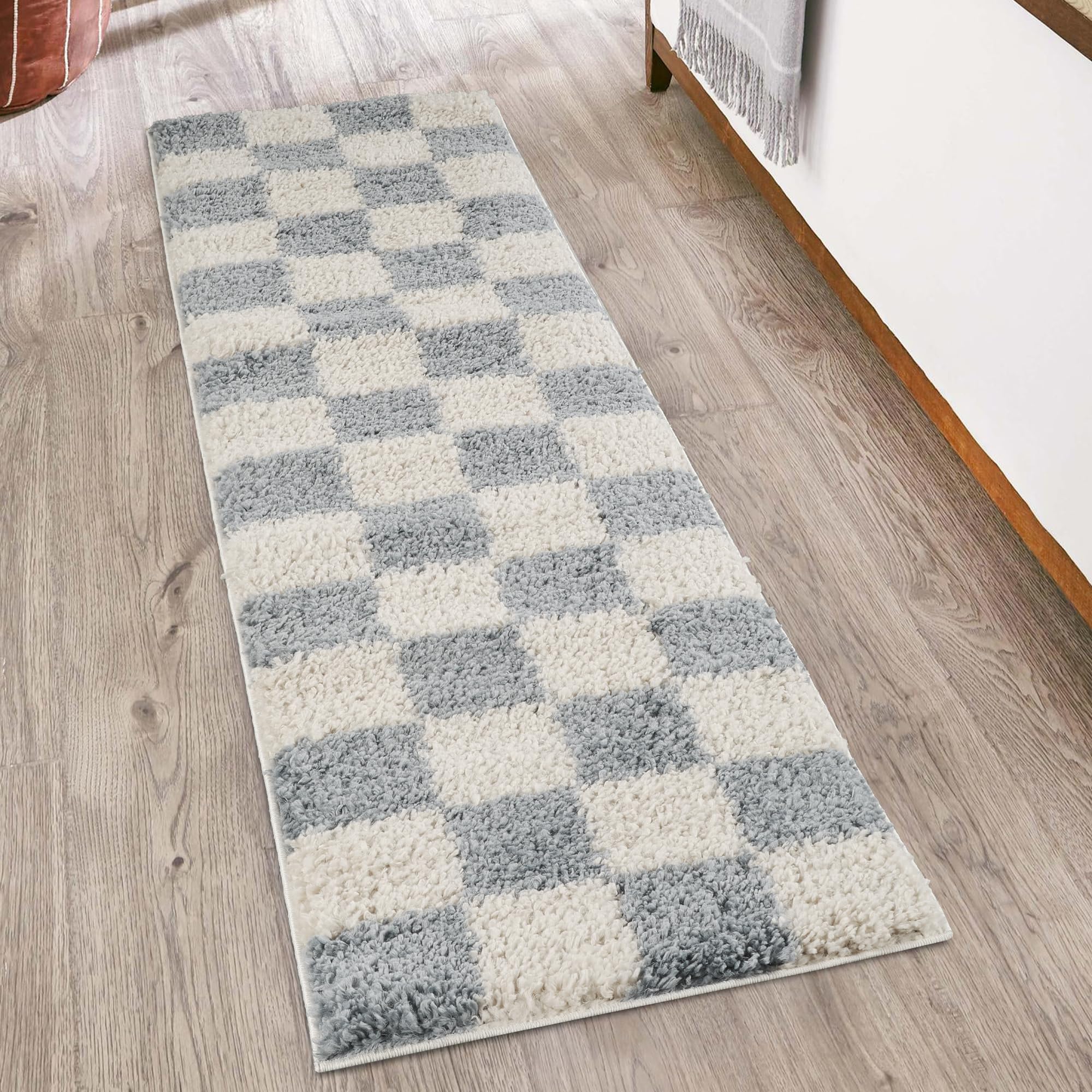 Desire Rugs Chester Shaggy Rug - Modern Contemporary Checkered Design - Hallway Runner - Duck Egg Blue 60x220cm