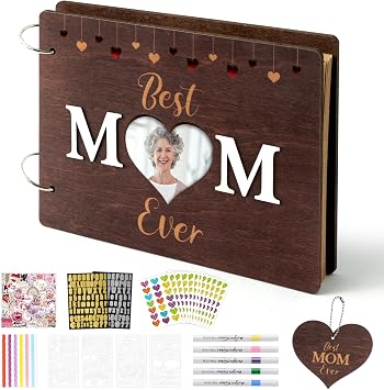TICIAGA Large Size Mothers Day Scrapbook Album Kit - 11.8x8.6 Best Mom Ever Large Wooden Photo Album Craft Set for Mom Grandma DIY Memory Book Keepsake Gift for Mothers Day Birthday & Family Moments