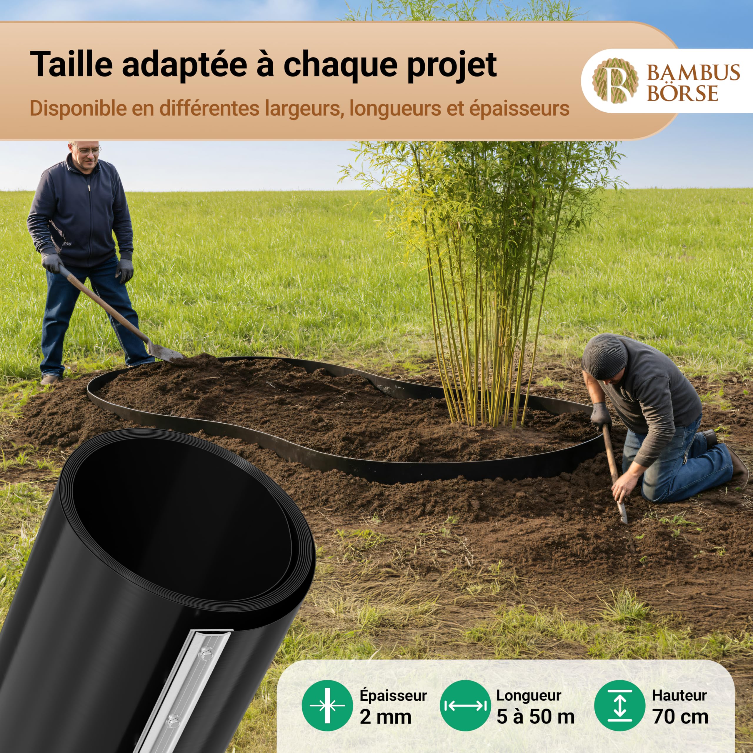 Barrière anti-racines de 70 cm de haut - Barrière anti-rhizomes avec rail de fermeture Épaisseur 2 mm - 15 m de longueur - En HDPE de haute qualité