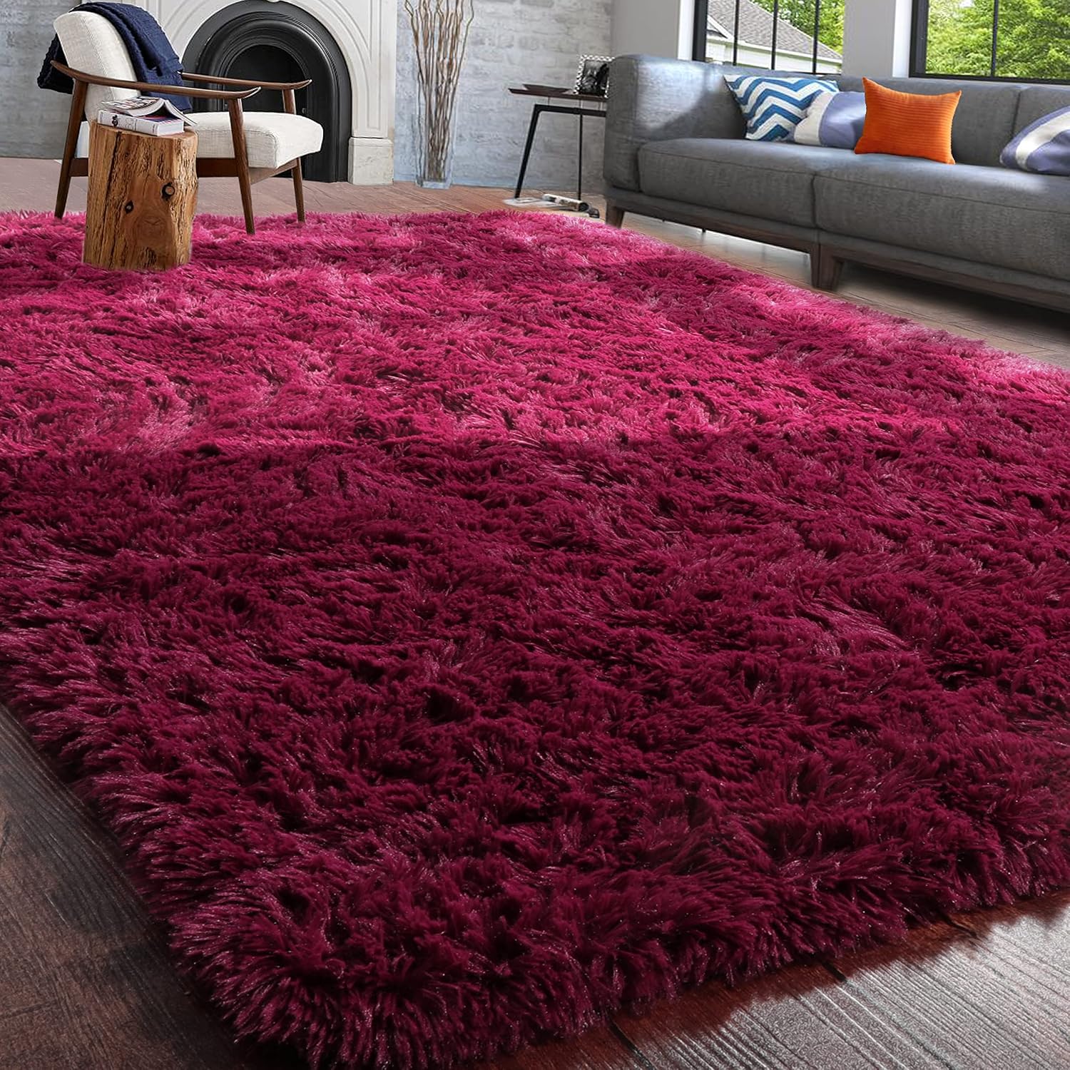 PAGISOFE Soft Furry Fur Rugs for Living Room Bedroom Area Indoor Modern Fluffy Rugs Decor Plush Home Decorative Carpet for Girls Boys Dorm Room Floor Mat Shaggy Rug 4' x 5.3', Dark Burgundy