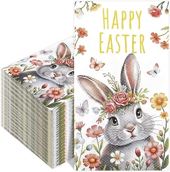 100 Pcs Happy Easter Bunny Napkins, Easter Disposable Paper Decorative Guest Napkins, Spring Bunny Rabbit Disposable Hand Towels for Lunch Dinner Kitchen Bathroom Party Table Decorations