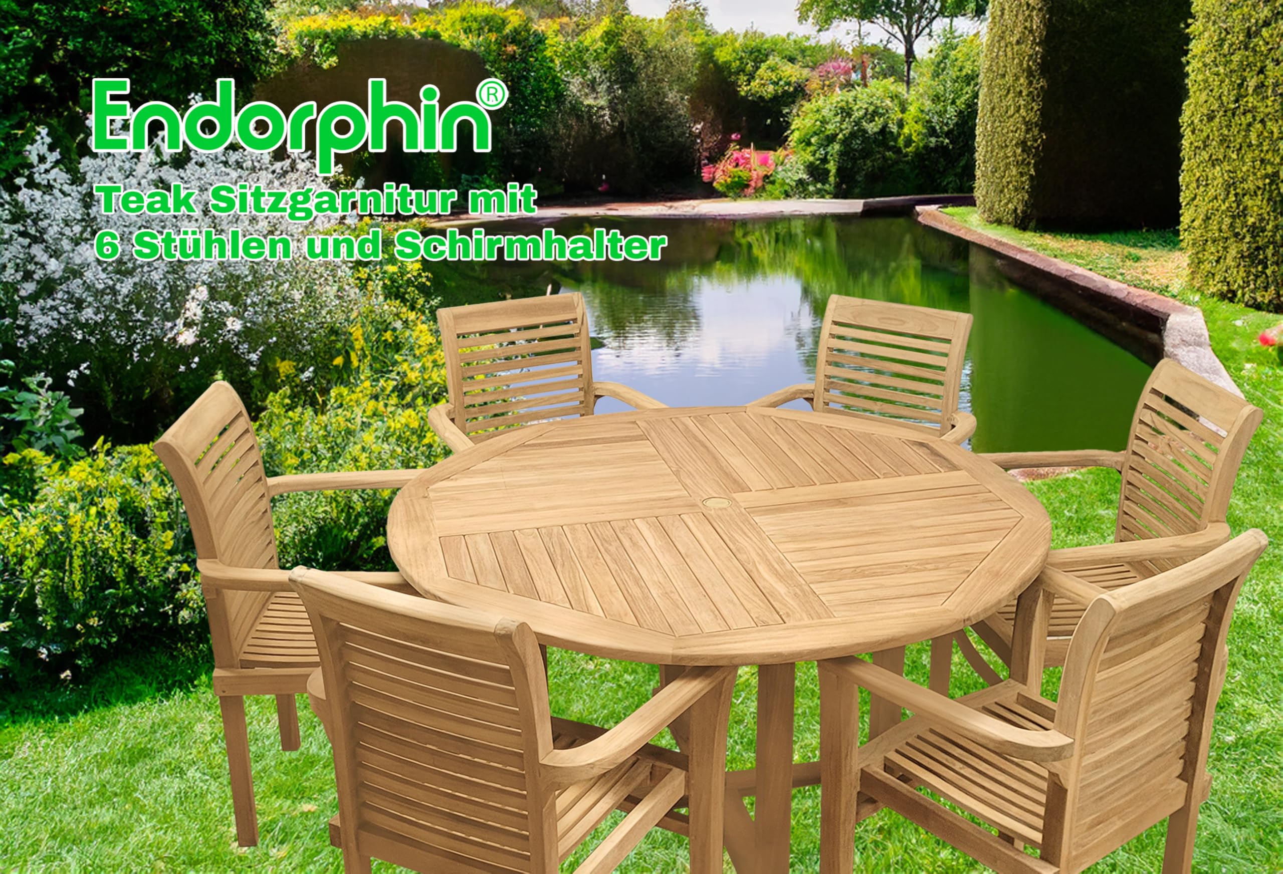 Endorphin Gartenmöbel-Set aus Teakholz, 7-teilig mit 140cm Tisch | 6 stapelbare Stühle, wetterfest, Outdoor Essgruppe, Gartentisch, Terrassenmöbel, Balkon
