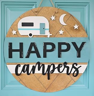 Camping Theme Happy Camper Door Hanger Wooden Decor, Diy Paint Your Own Craft Sign, Outdoor Adventure Porch Accent, Rustic Camper Entryway Wall Display Doorsign_060126_SR1_15