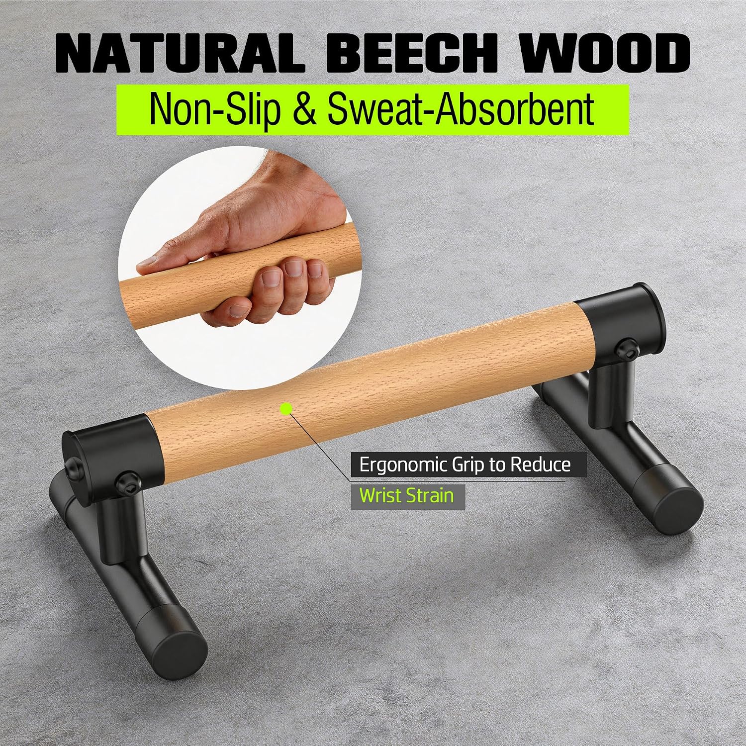 GanFindX Wooden Push Up Bars 9.5" 500LB Parallettes for Training | Natural Wood Grip, Black Anti-Slip Steel Base, Heavy Duty Parallettes for Push Ups, L-Sits, Gymnastics & Calisthenics Workout