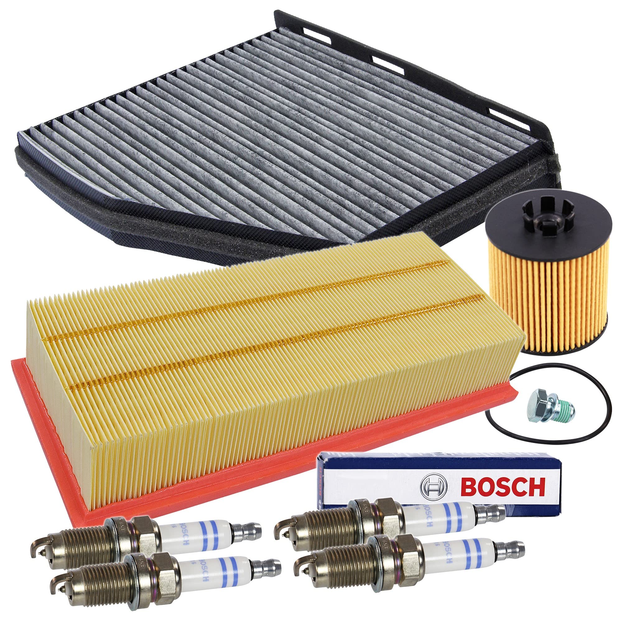BESTPRICE Paquete de inspección juego de filtros con 1x filtro de aire, 1x filtro de habitáculo con carbón activado, 4x bujías de doble platino FR6HI332, 1x tapón de drenaje de aceite con junta