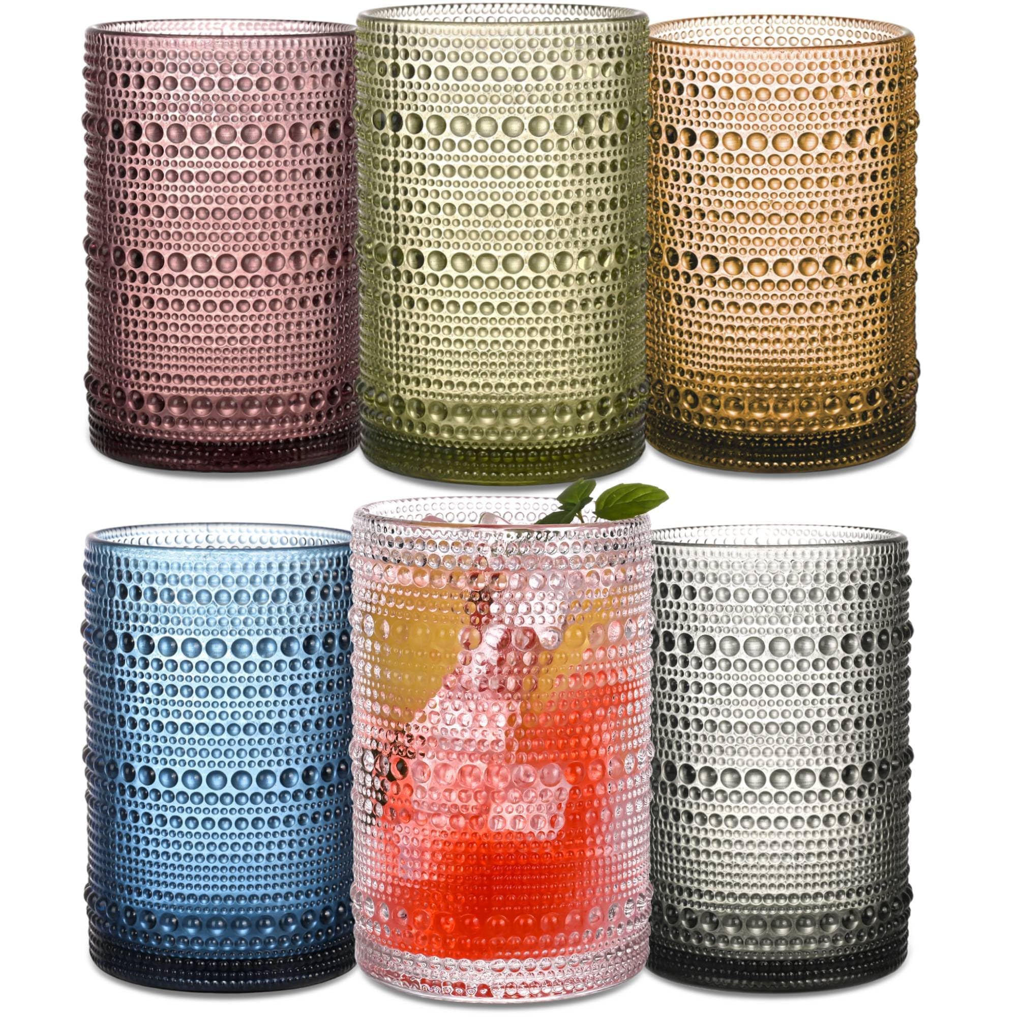 Colored Hobnail Drinking Glasses Set of 6, 15 oz Vintage Highball Glasses, Drinkware Kitchen Glasses for Cocktail, Iced Coffee, Beer, Ice Tea, Wine, Whiskey, Water