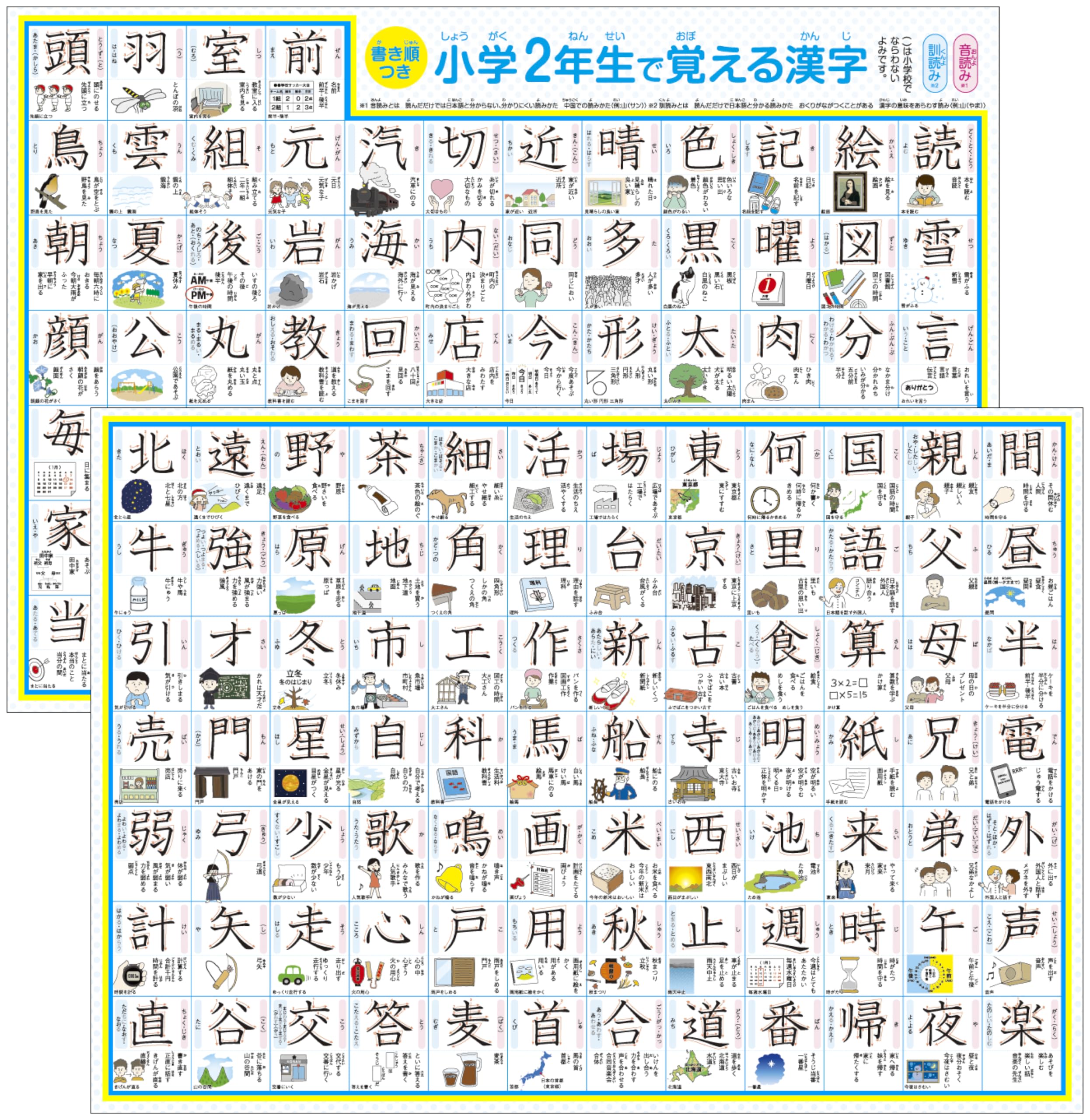 【防水】 小学二年生で習う漢字表 お風呂ポスター 2年生 A3ユポ紙 2枚 書き順・使用例・イラスト付き 防水