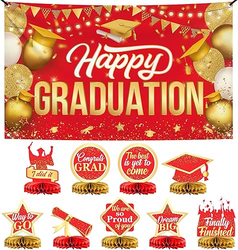 KatchOn, Centros de mesa de graduación rojos para mesas 2023  Paquete de 9 con pancarta de feliz graduación roja y dorada  XtraL, 72 x 44 pulgadas
