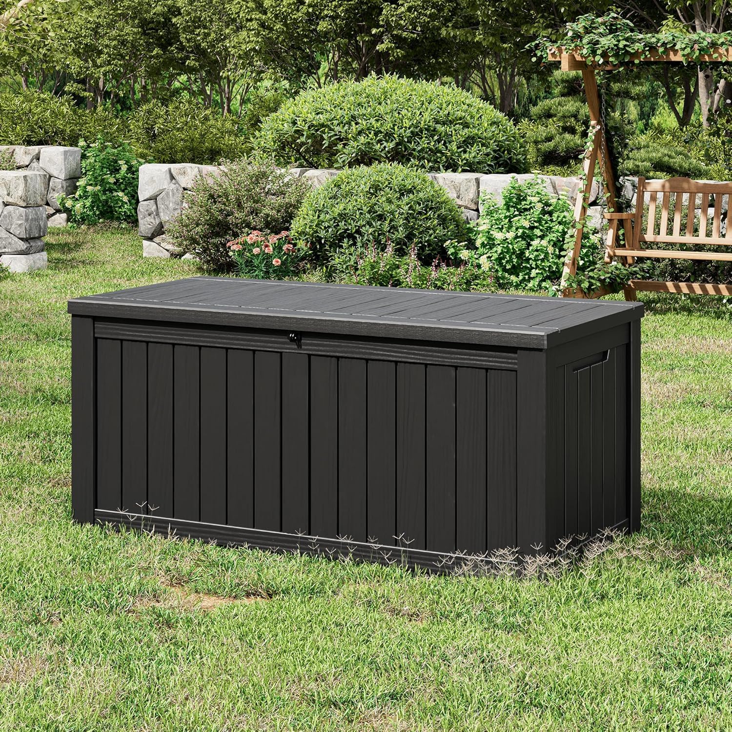 NUNU LAB 120 Gallon Outdoor Storage Box,Resin Large Sturdy Deck Box, Backyard Outside Storage Box Waterproof with Double Wall Panels,Package Delivery Box,Garden Box,Tool Box,Outdoor Hose Storage Bin