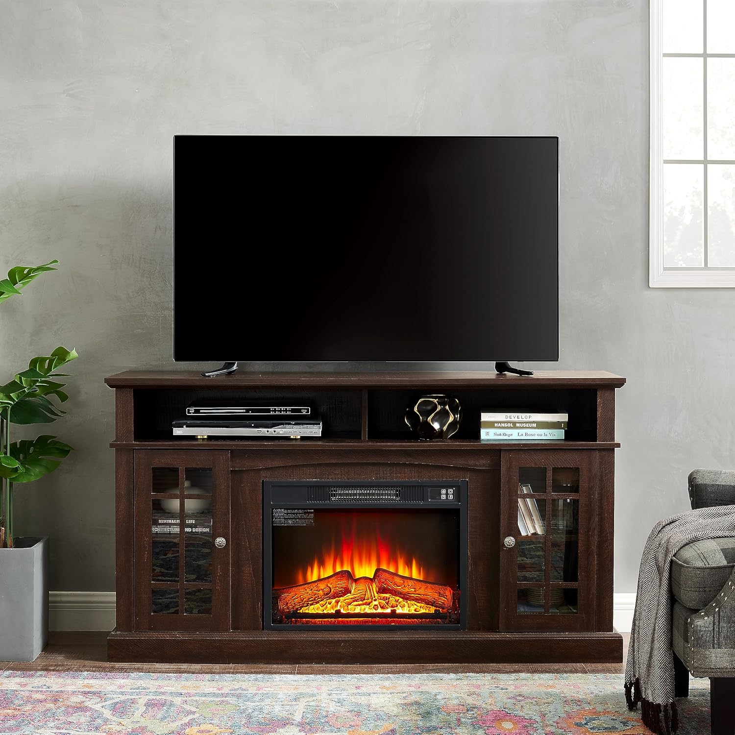 58.25" W x 15.75" D x 32" H Modern Entertainment Console with 23" Fireplace Insert for TV Up to 65", Espresso
