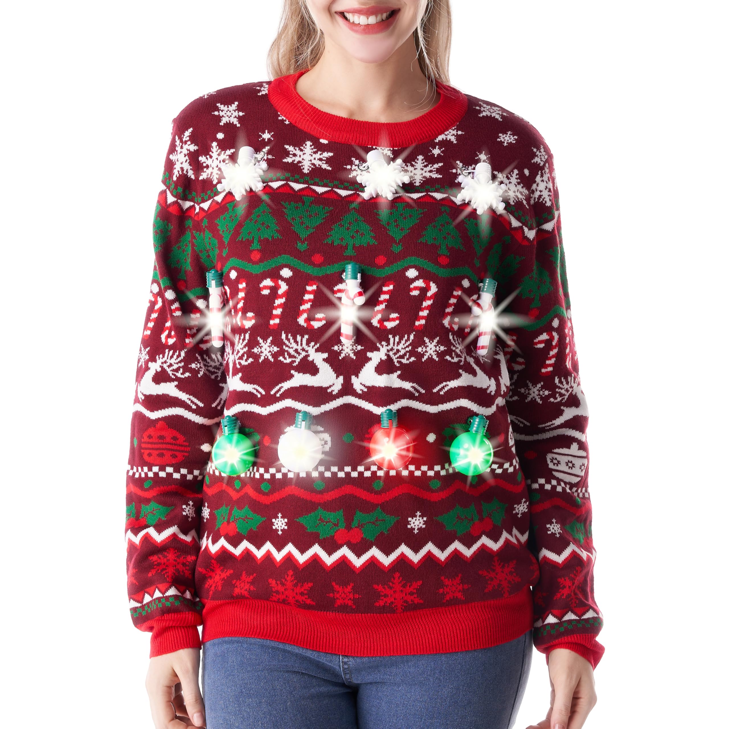 Giggling Getup Women's Red Nordic Christmas Sweater - Light Up Reindeer Led Ugly Sweater For Men, - L