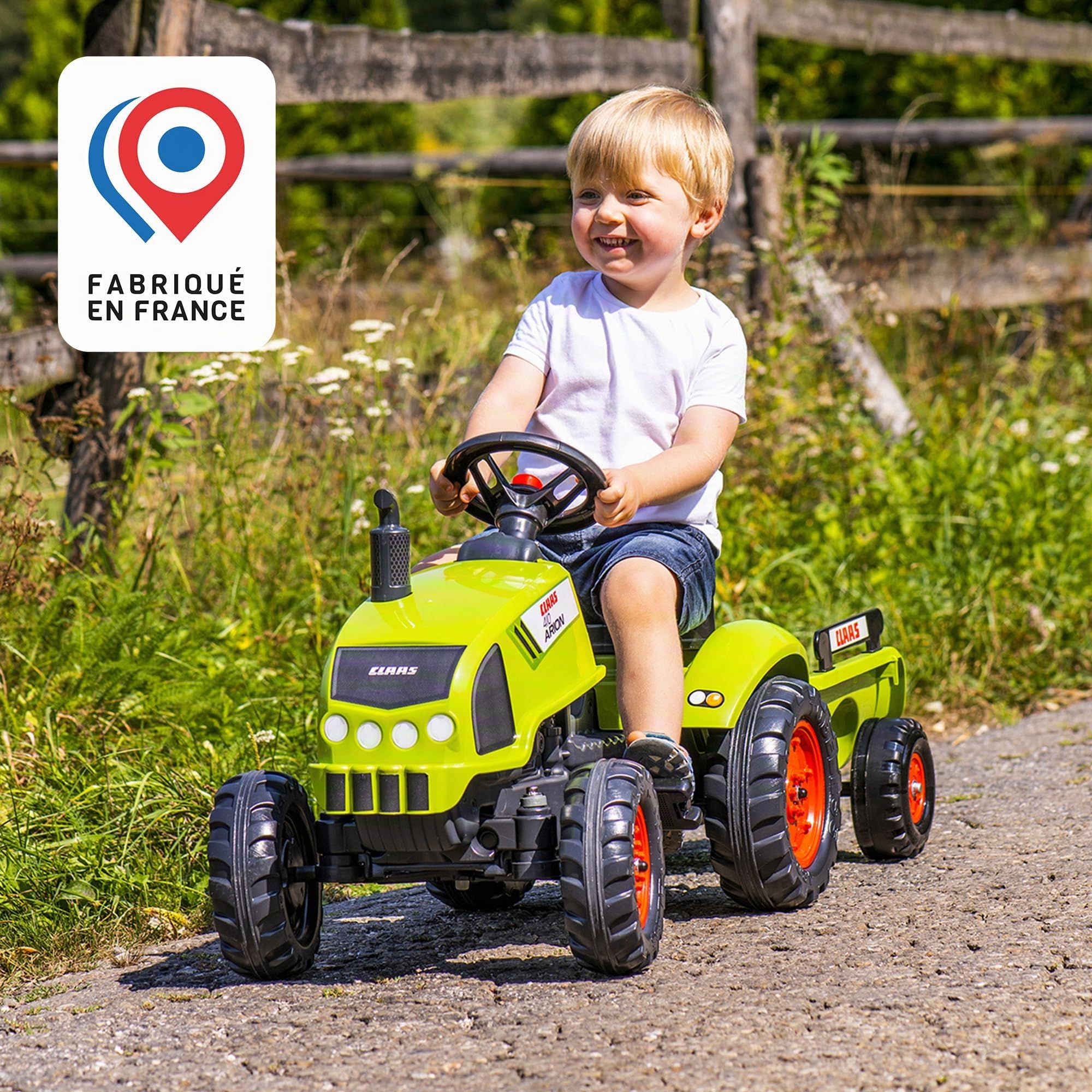 Falk Claas Trettraktor mit Anhänger für Kinder ab 2 Jahren I Traktor mit Lenkrad mit Hupe in Khaki grün