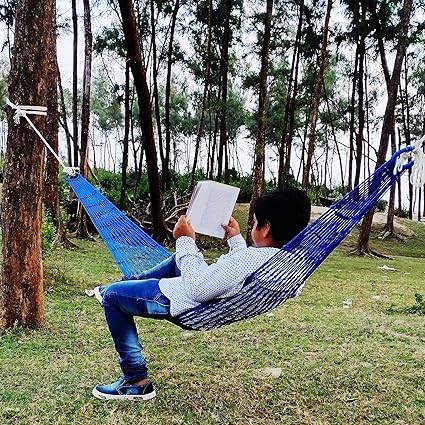 CRM TRADERS Handcrafted Nylon Rope Hammock Net Mesh Sleeping Bed for Garden Indoor Balcony - Blue