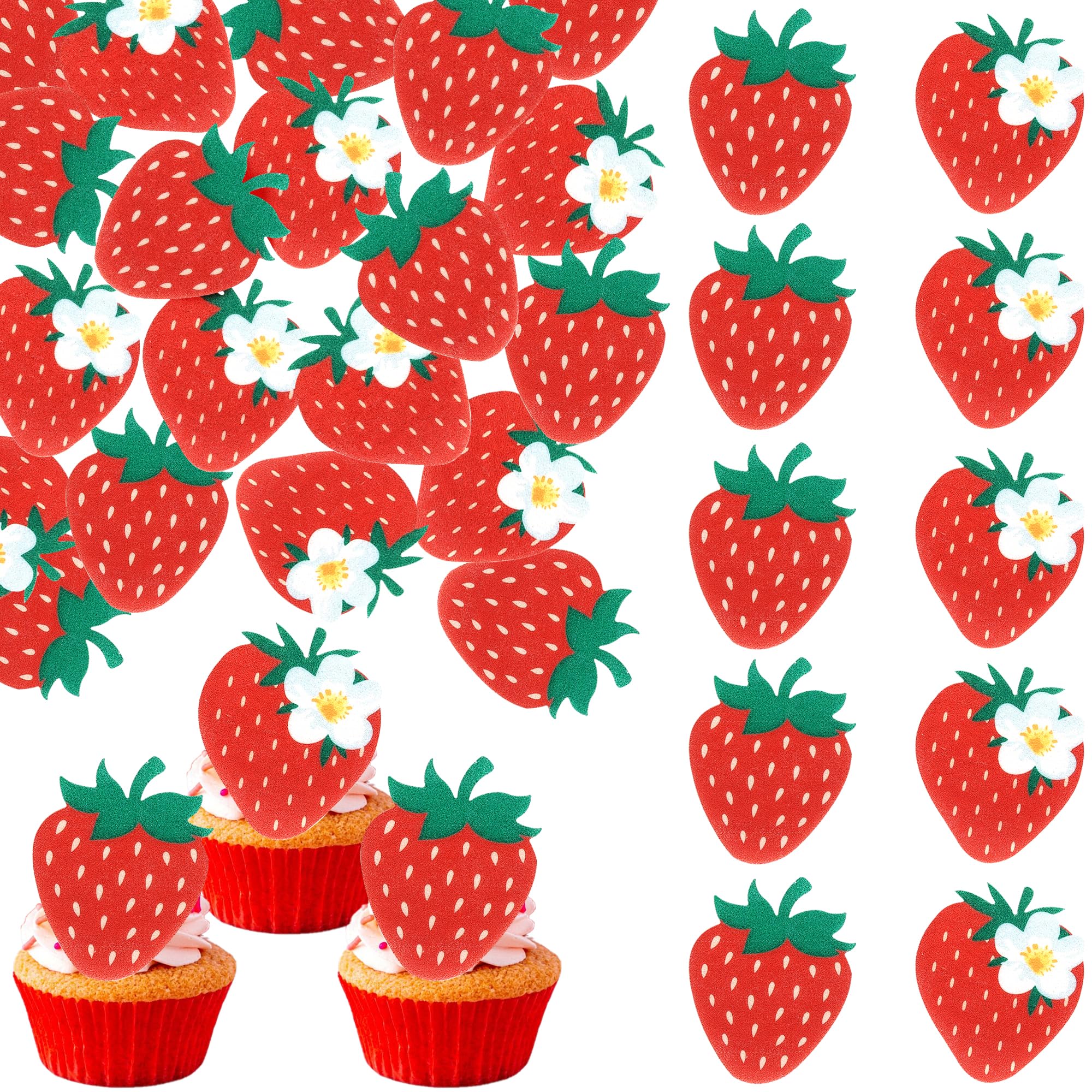 Xsstarmi 60 Pack Strawberry Edible Cupcake Toppers Rice Paper Strawberry Fruit Red Berry Cupcake Picks for Baby Shower Birthday Party Cake Decorations Supplies