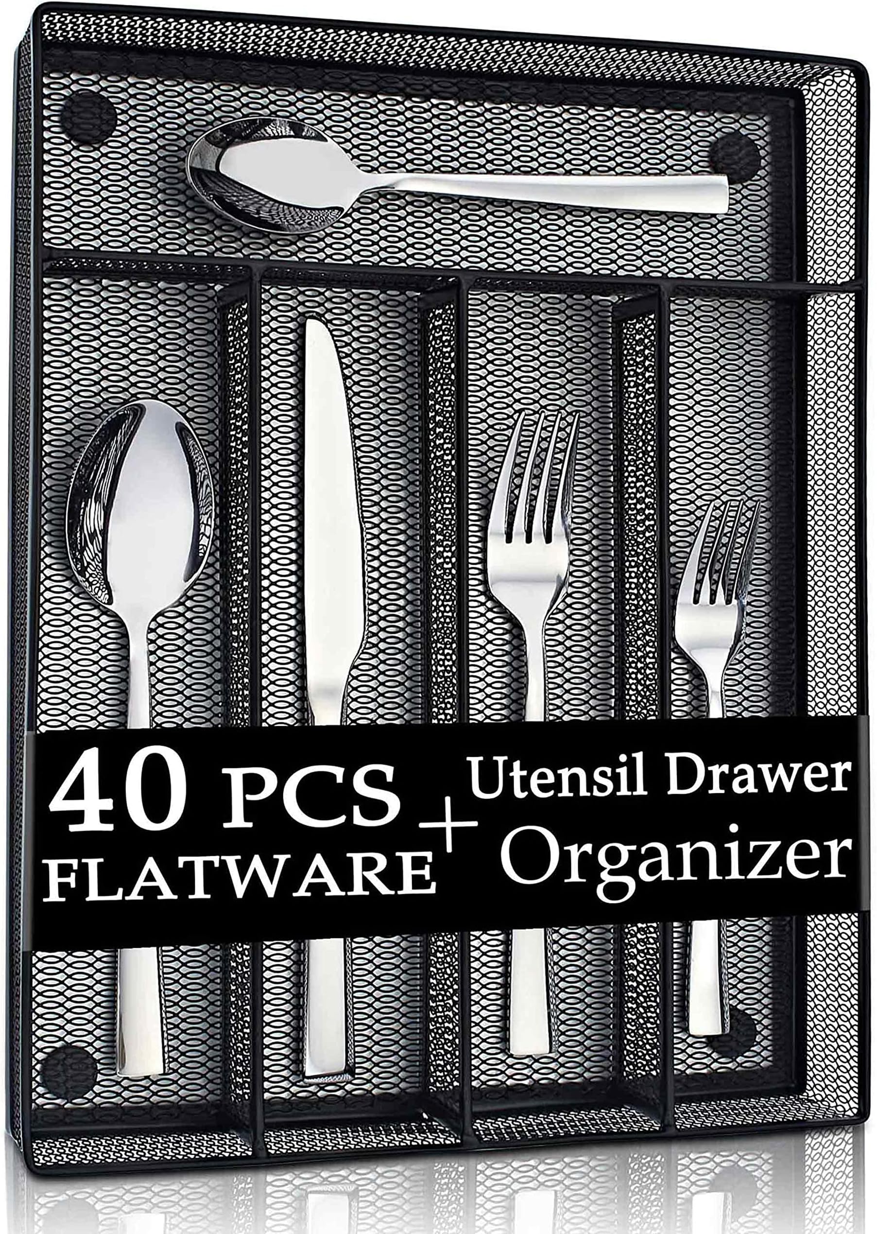 LIANYU 40-Piece Silverware Flatware Set with Organizer Tray, Stainless Steel Square Cutlery Set for 8, Kitchen Party Restaurant Eating Utensils Tableware, Dishwasher Safe