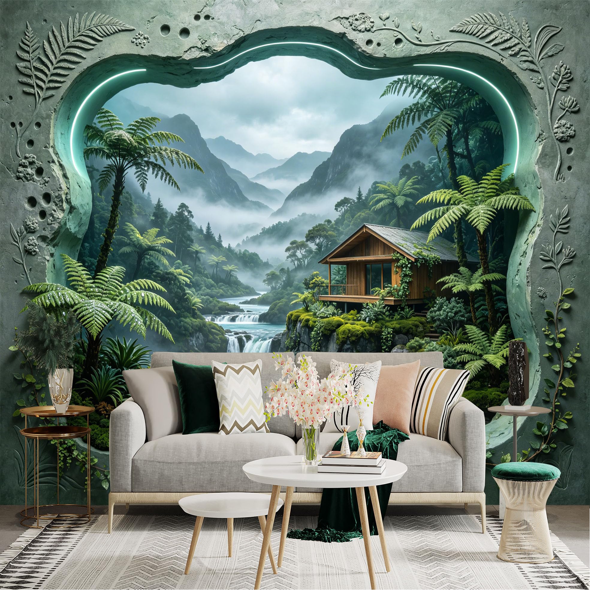Custom Size Wall Sticker Mural， Tropical Forest Cabin by Waterfall and Misty Mountains， for wall Decoration， peelandstick wall Decals.
