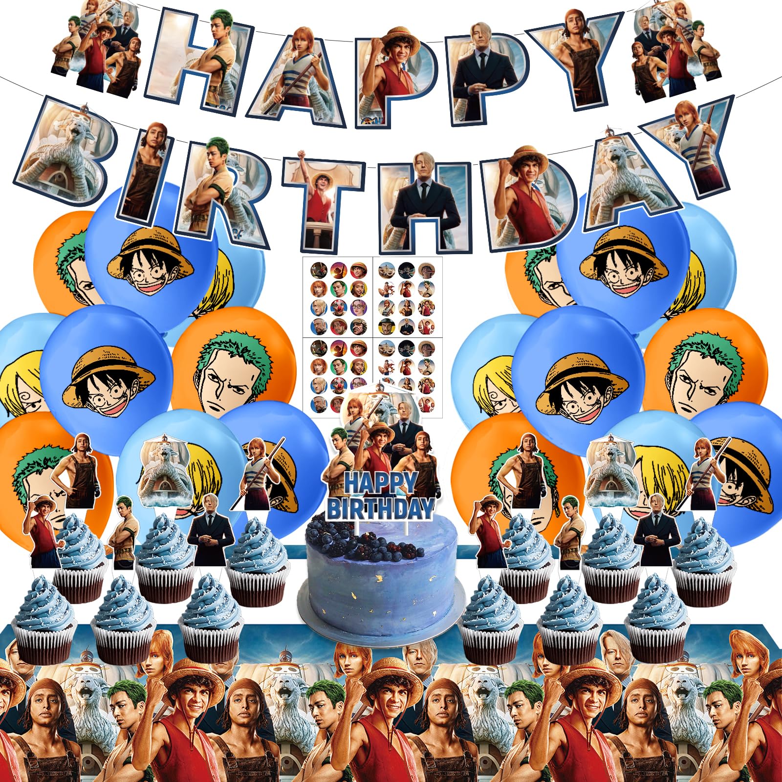 55 pcs One Anime Piece Birthday Decorations,Anime Birthday Party Supplies includs Banner, Cake Topper, Cupcake Toppers, Latex Balloons, Stickers, Great Gift for Fans Girls