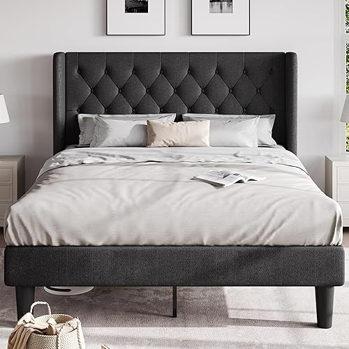 HOOMIC Base de cama clásica tamaño Queen con cabecera copetuda con botones y respaldo de alas, cama de plataforma tapizada con fuerte soporte de