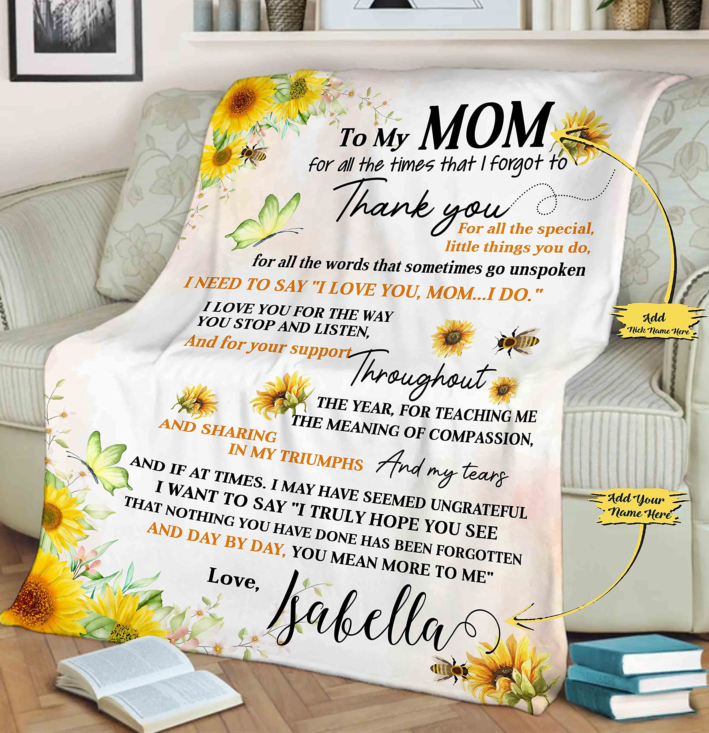 to My Mom I Love You Customized Blanket, Gift for Mama for Birthday from Daughter/Son, Premium Quality Soft and Cozy Blanket, Proudly Printed in USA