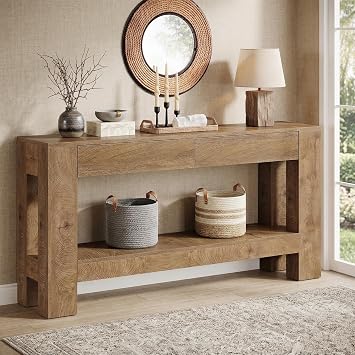 Tribesigns 63 Inch Entryway Table with 2 Drawers, Farmhouse Console Table with Storage Shelf, Long Sofa Table Behind Couch for Living Room, Hallway, Foyer, Brown