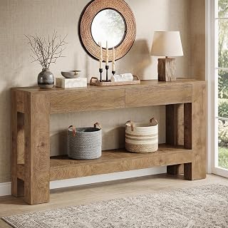 63" Farmhouse Console Table with 2 Drawers and Open Storage Shelf