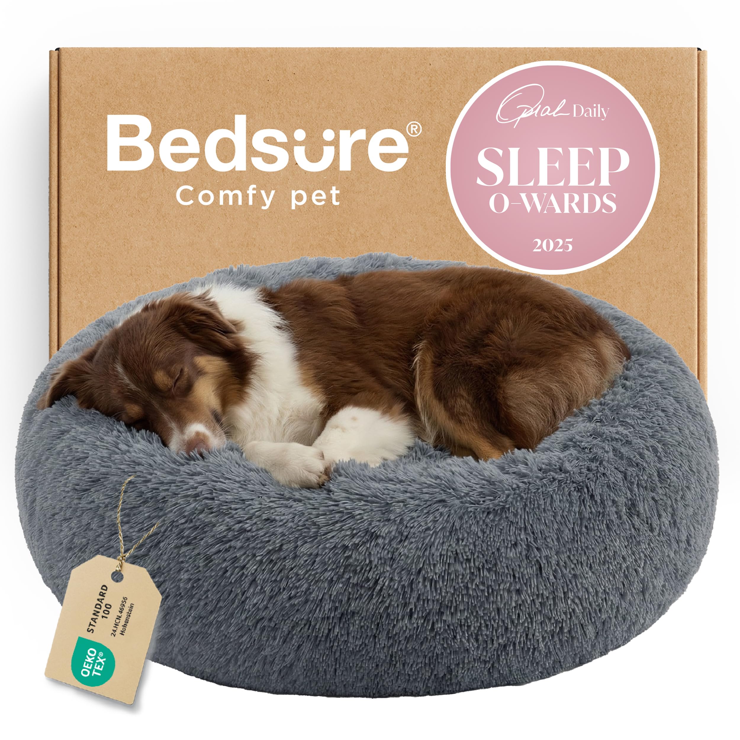 Bedsure Calming Dog Bed for Large Dogs - Donut Washable Large Pet Bed, 36 inches Anti-Slip Round Fluffy Plush Faux Fur Dog Bed, Fits up to 80 lbs Pets, Dark Grey