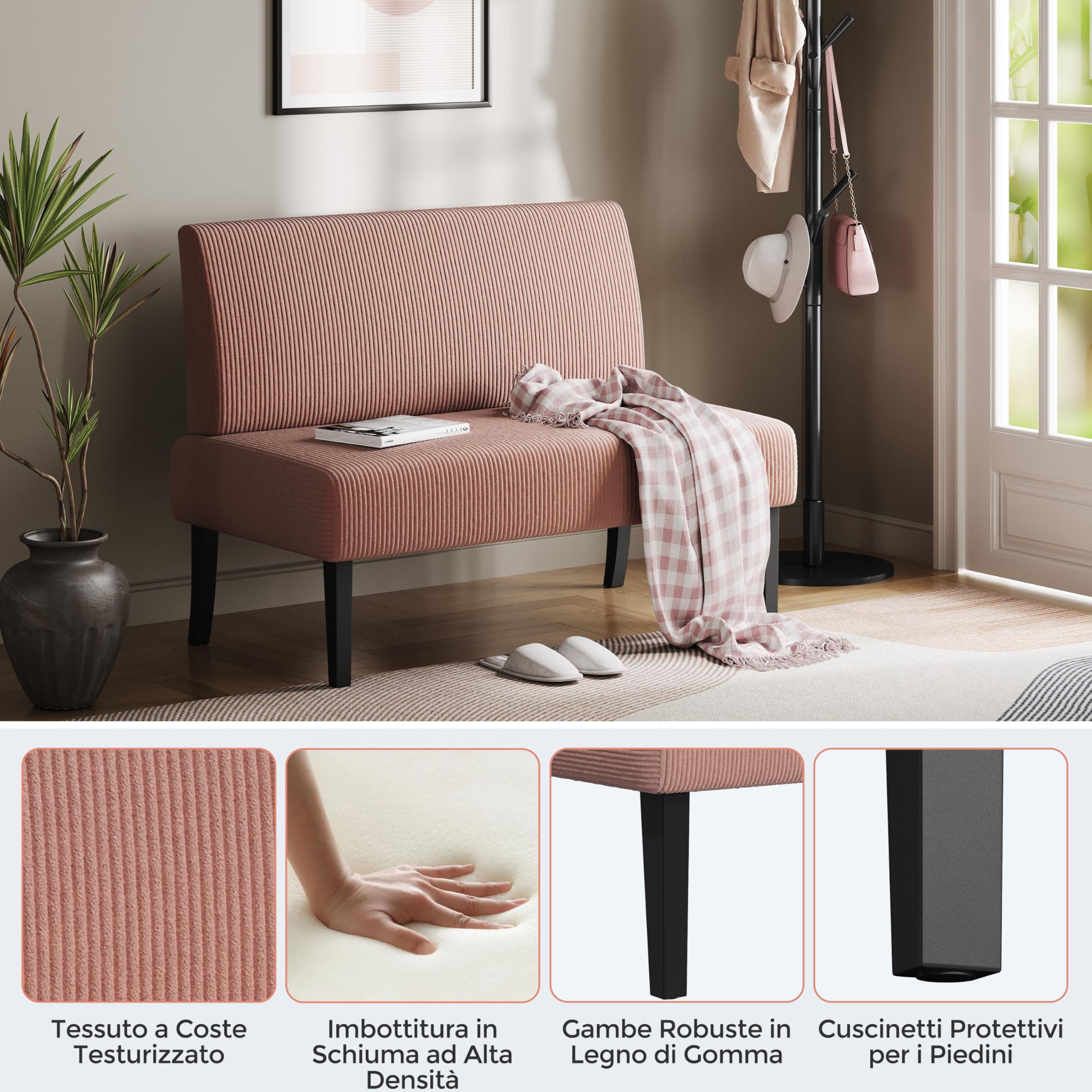 Yaheetech Divano a 2 Posti Moderno Divanetto da Salotto Senza Braccioli Sedia a Coste con Gambe in Legno per Soggiorno Ufficio 109,5 × 62 × 84,5 cm Rosa