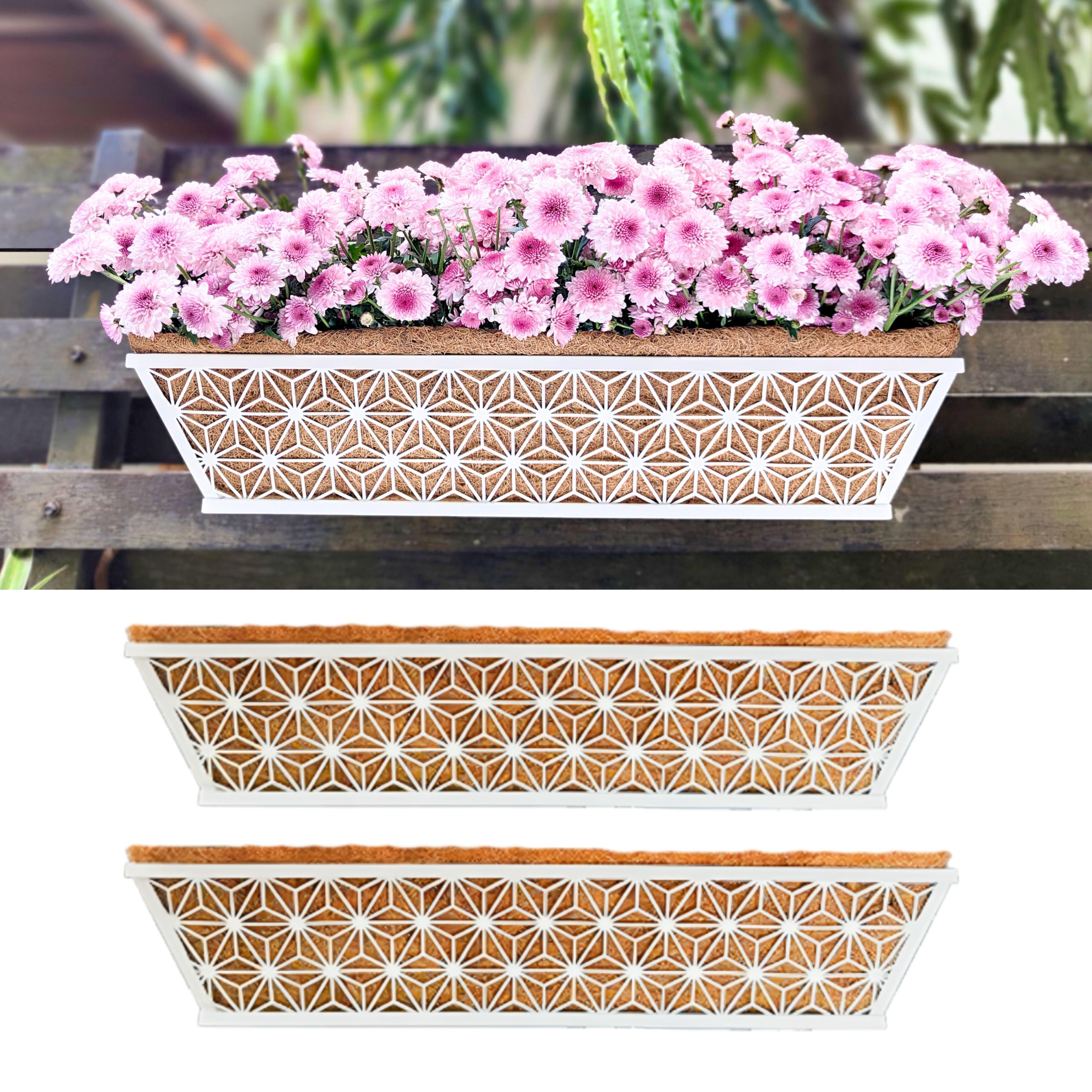 Wall Planter, 2 Pack, 24 Inch Railing Planter Window Box Deck Balcony Rail Planter with Coconut Coir, White Metal Garden Plant Basket Patio Fence Window Horse Trough Porch