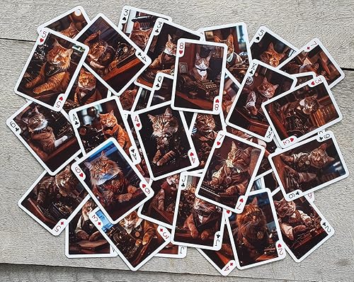Miniatura 4 de Cartas de juego Steampunk de gatos (Baraja de póker 54 cartas todas diferentes) Gatos trabajando en oficina Steampunk en maquinaria Dieselpunk