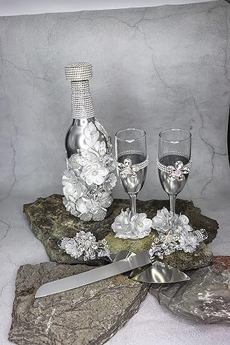 Vista 8 de A&C Quinceañeras and More Champagne glasses set Toasting Set for Quinceanera Sweet Sixteen Toasting set SBD68 (Emerald Green Silver)
