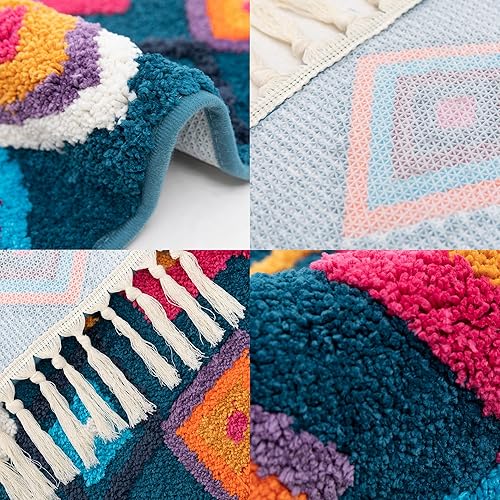 Miniatura 3 de Alfombra de baño bohemia con borlas, color azul marino, antideslizante, con flecos, para casa de campo, alfombra de baño esponjosa, lavable para