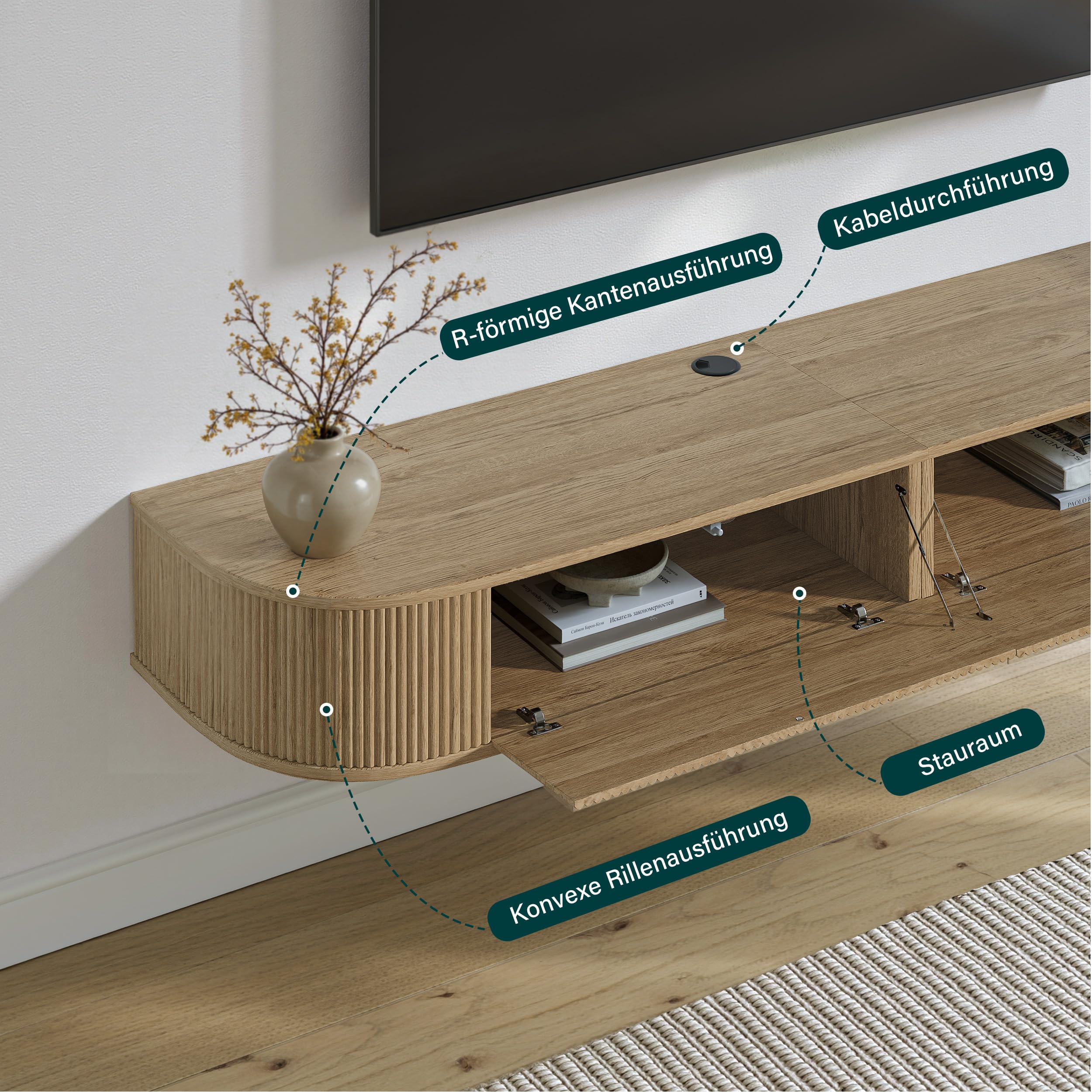 Hängendes TV Lowboard 140 cm lang Buche Holzoptik Modern | Schwebender TV Schrank für 45–55 Zoll Fernseher, sanft abgerundete Ecken & frontseitige Einfräsvertiefung, im Wohnzimmer