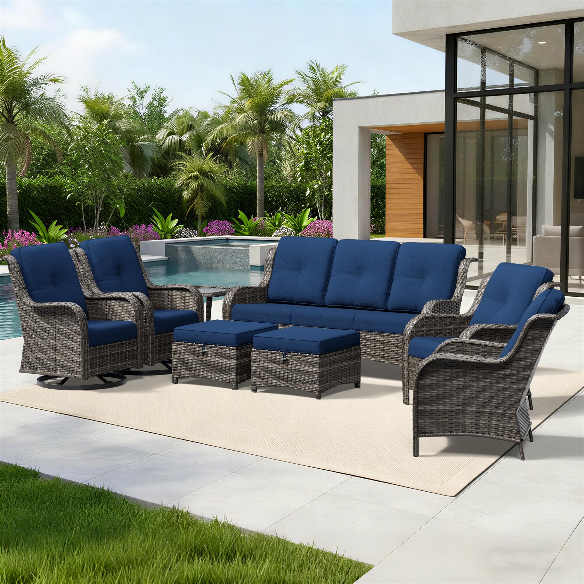 Joyside 8 Piece Wicker Patio Furniture Set, Outdoor Swivel Rocker Patio Chairs with High Back, Deep Seating, Wide Armrest, Thickened Cushions, Outdoor Furniture for Deck, Porch Use
