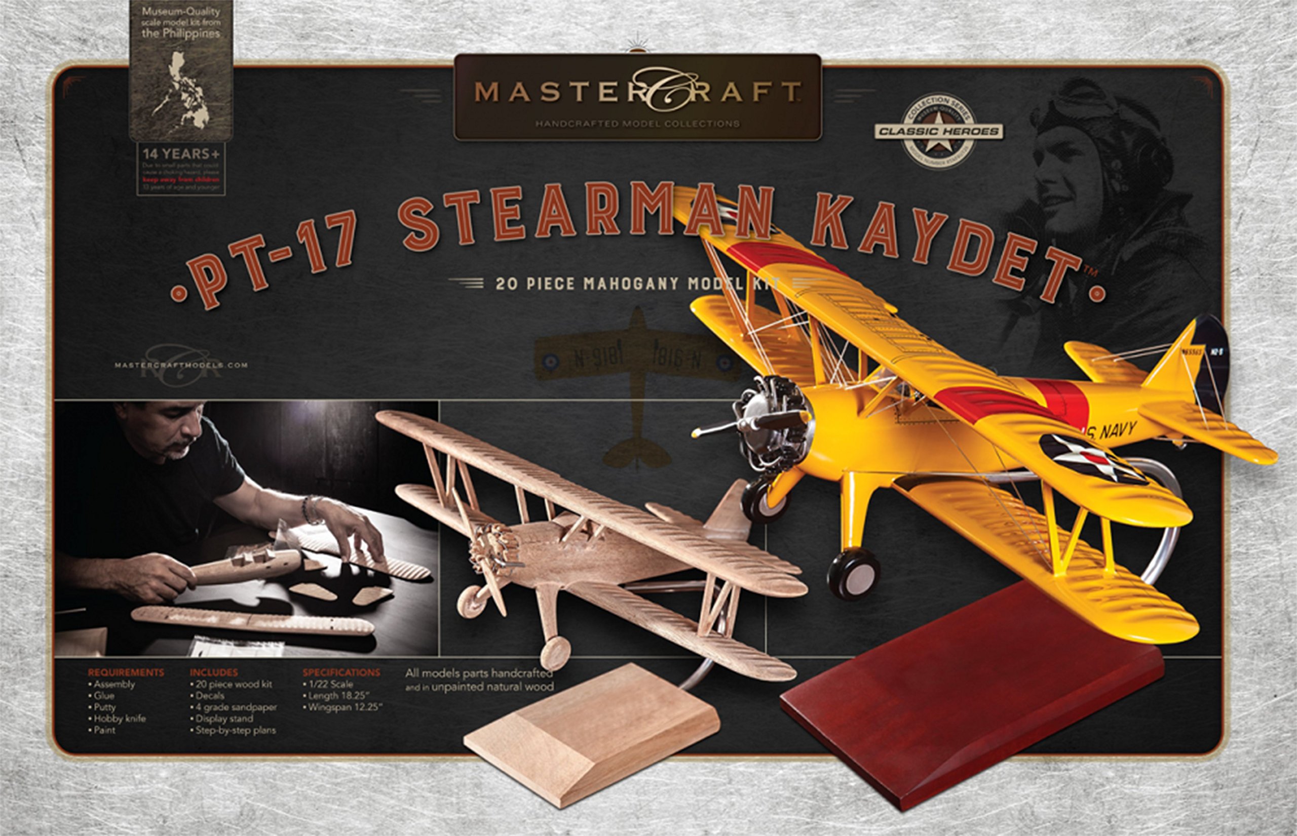 Mastercraft Collection, LLC PT-17 Stearman Kaydet RTA Solid Wood Model Kit (20 Piece), Mahogany